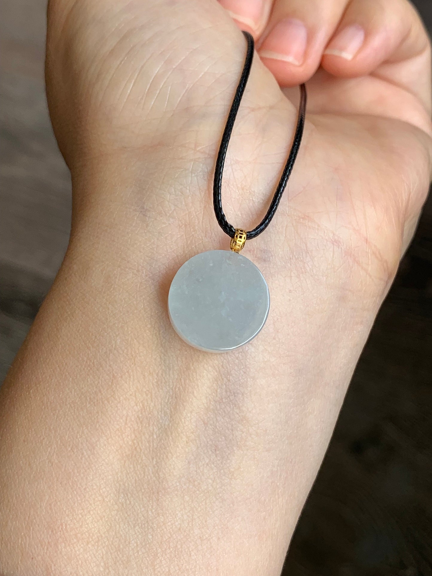 Natural Burmese Icy Translucent Jadeite Blessing Amulet Pendant Wu Shi Pai 18K Yellow Gold 天然缅甸冰胶翡翠无事牌镶嵌吊坠