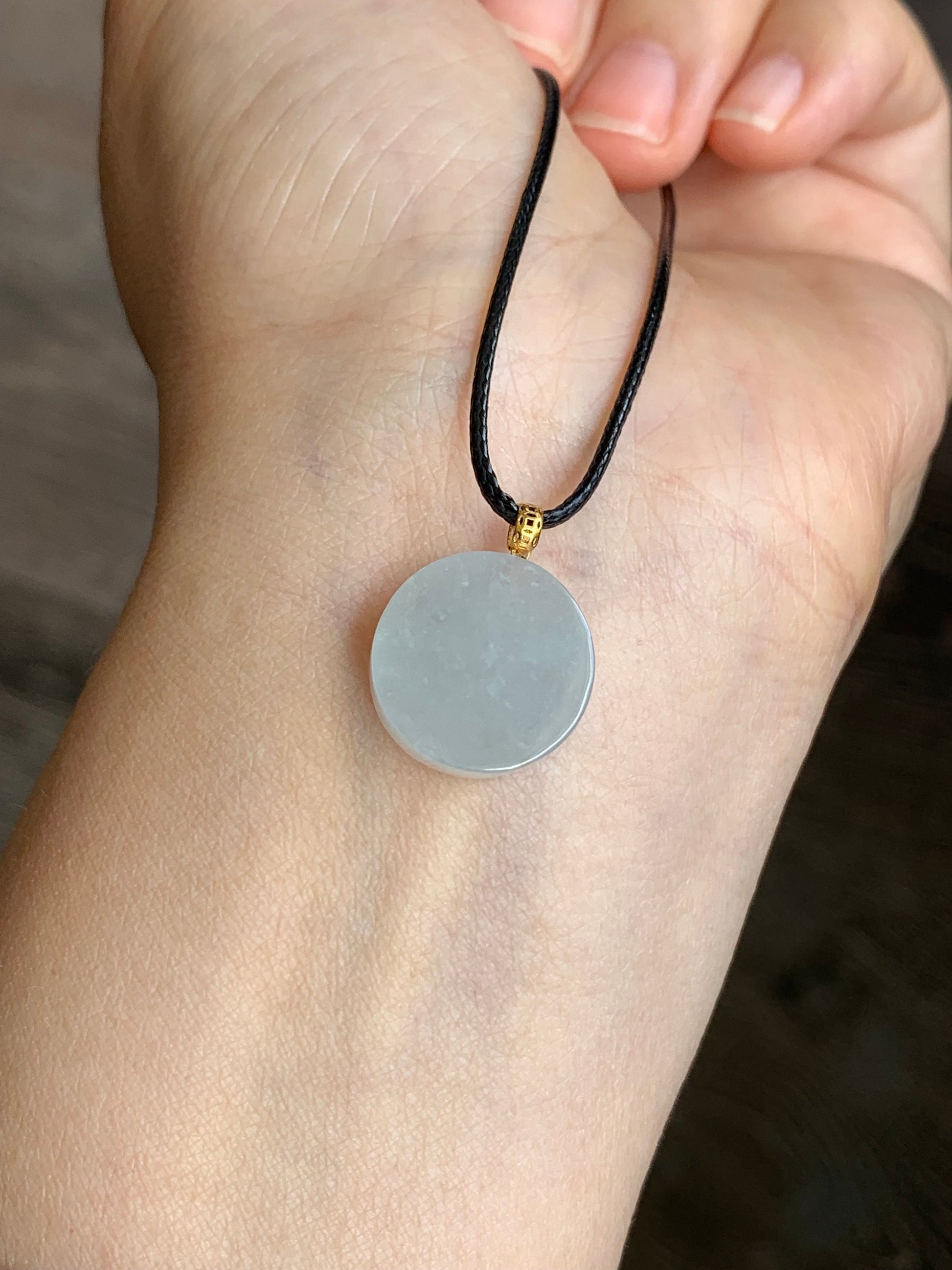 Natural Burmese Icy Translucent Jadeite Blessing Amulet Pendant Wu Shi Pai 18K Yellow Gold 天然缅甸冰胶翡翠无事牌镶嵌吊坠