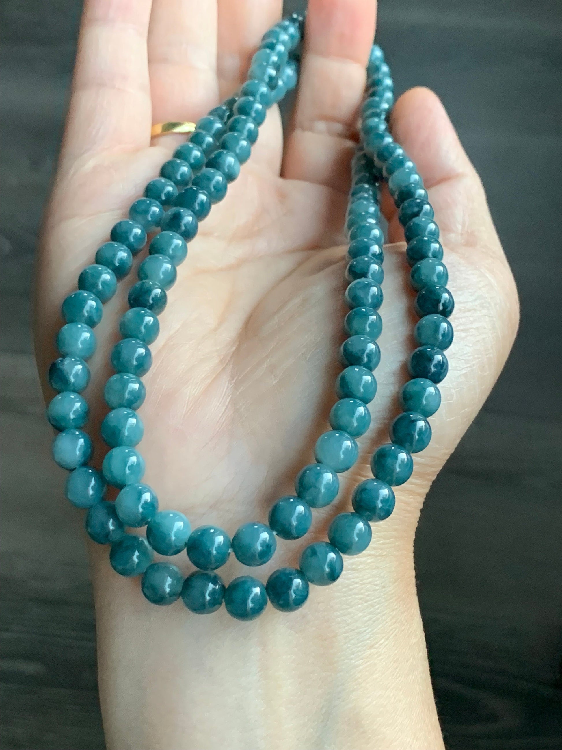 Rare Natural Burmese Icy Translucent Rich Indigo Blue Jadeite Beaded Necklace 6.6mm 28” 天然缅甸牛仔蓝翡翠长串项链