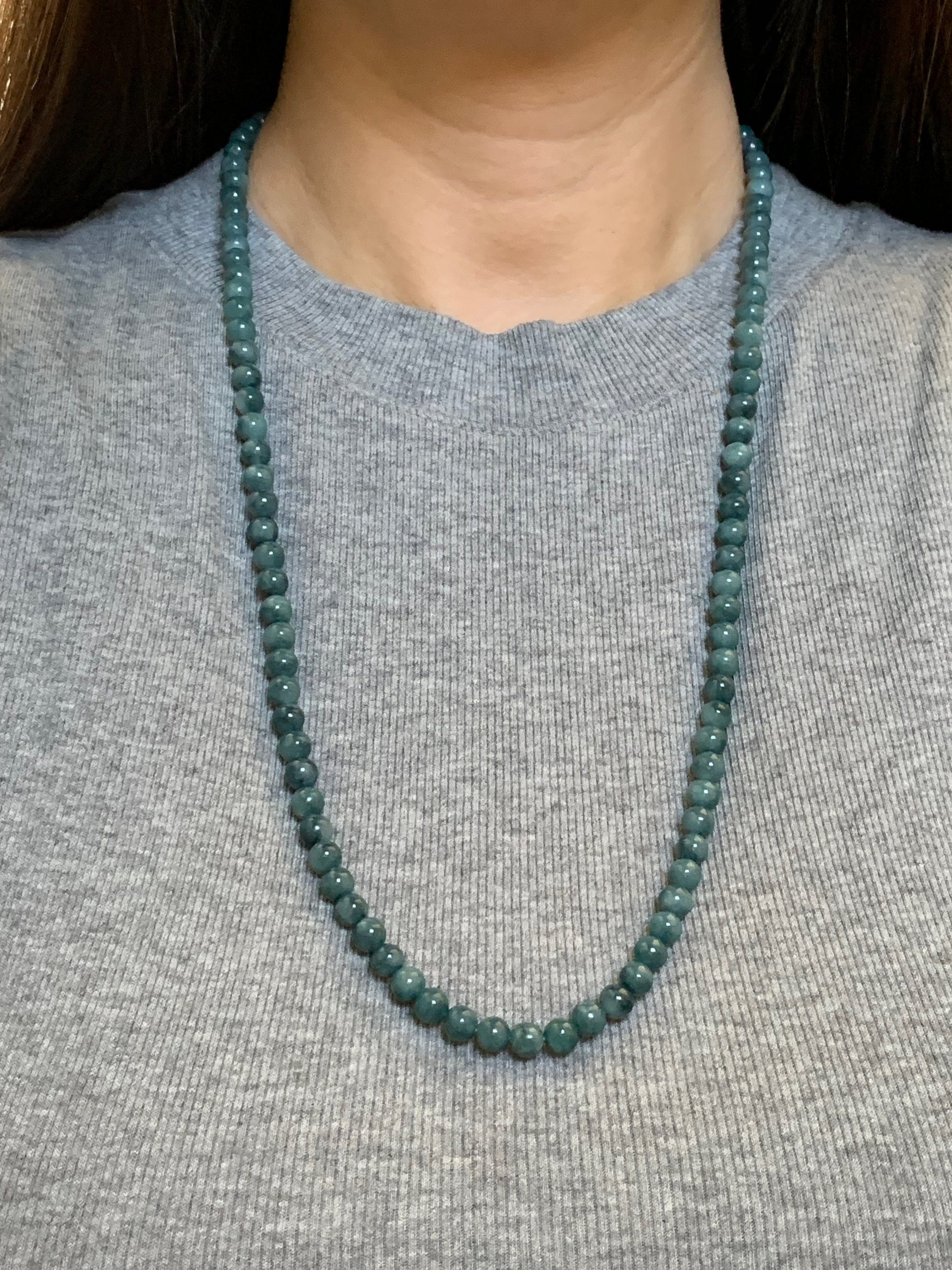 Rare Natural Burmese Icy Translucent Rich Indigo Blue Jadeite Beaded Necklace 6.6mm 28” 天然缅甸牛仔蓝翡翠长串项链