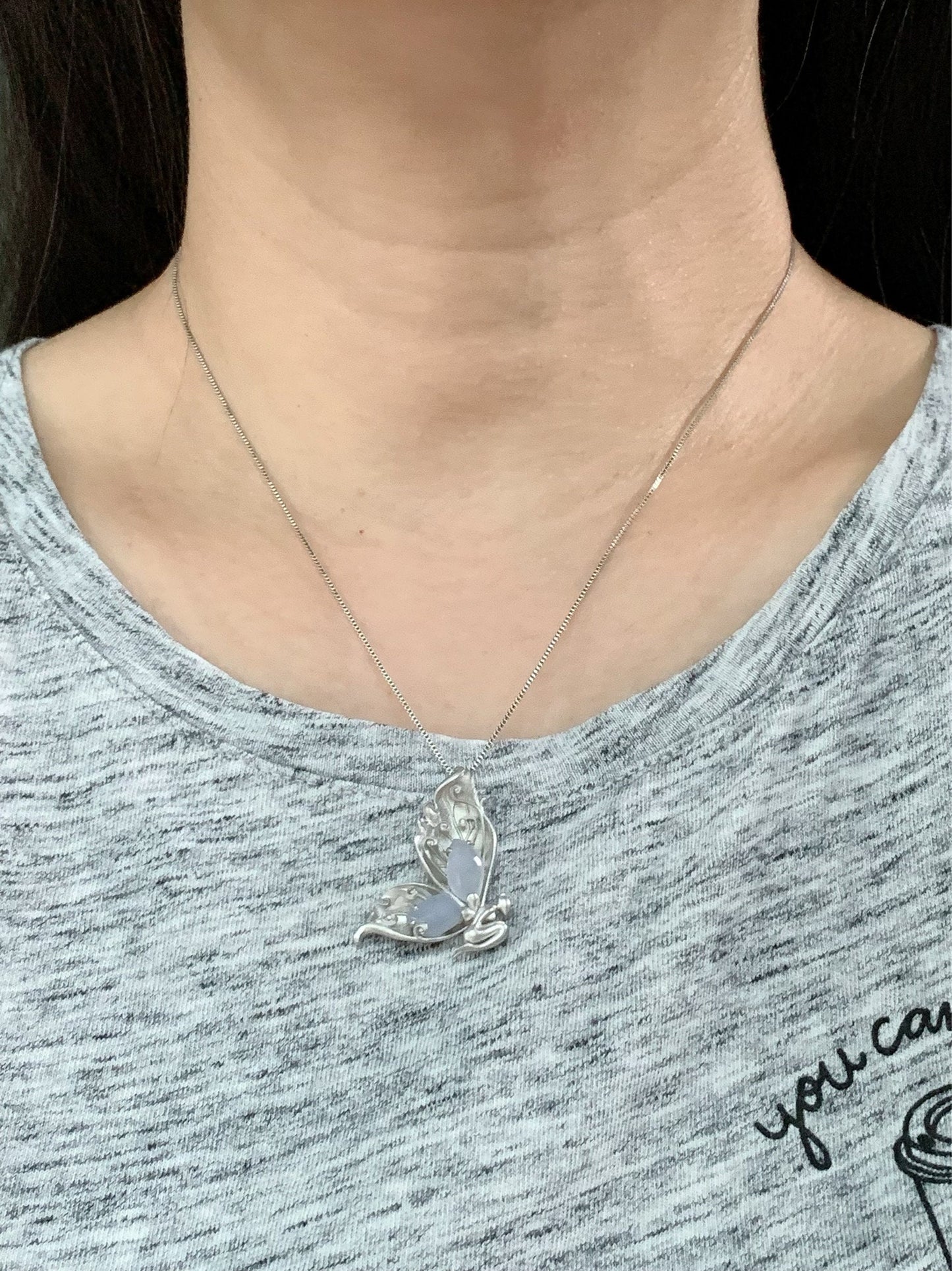 Certified Natural Burmese Icy Translucent Light Lavender Jadeite Butterfly Fairy Custom Design Pendant Sterling Silver 天然缅甸冰淡紫翡翠蝴蝶仙子镶嵌吊坠