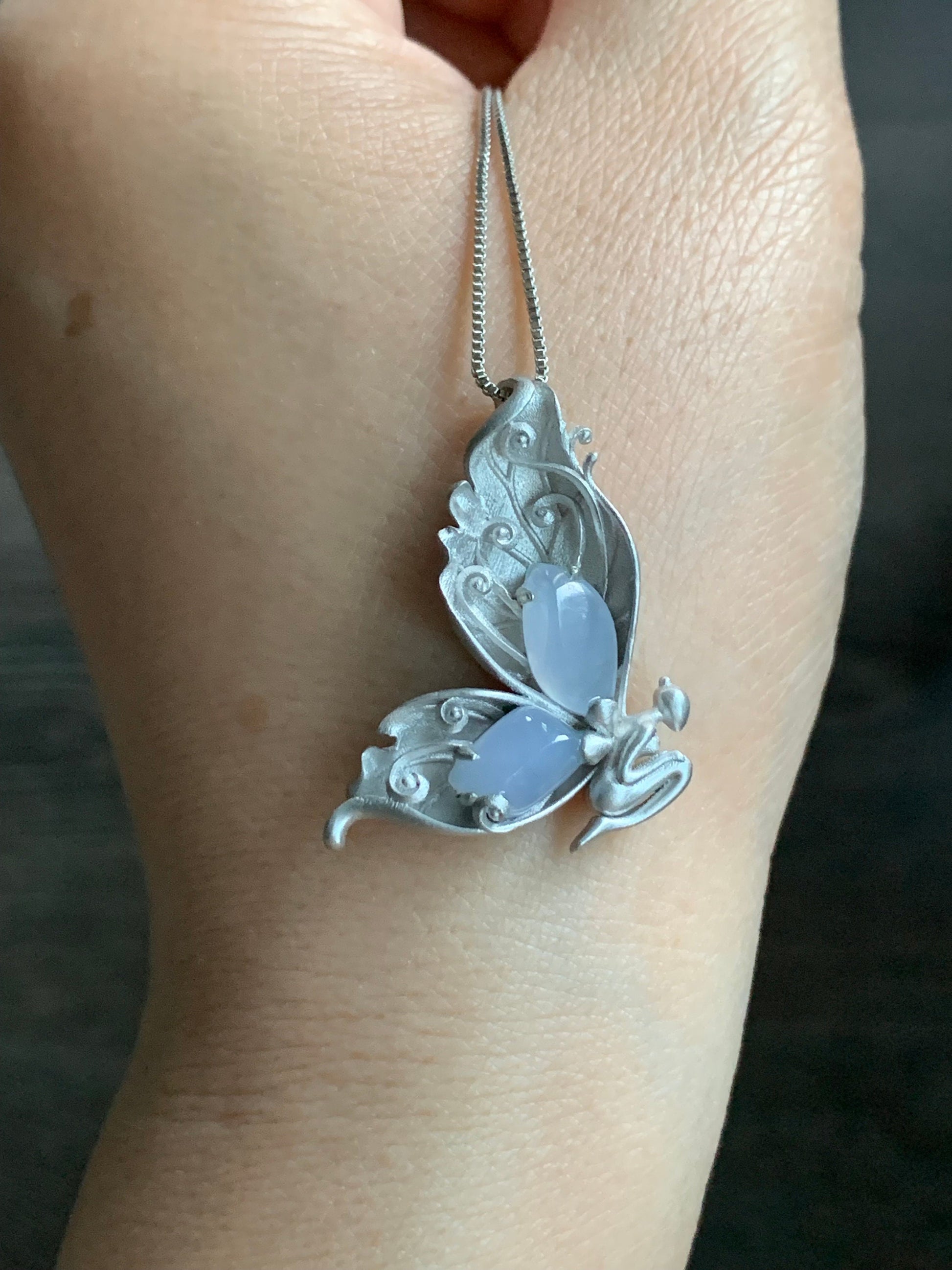 Certified Natural Burmese Icy Translucent Light Lavender Jadeite Butterfly Fairy Custom Design Pendant Sterling Silver 天然缅甸冰淡紫翡翠蝴蝶仙子镶嵌吊坠
