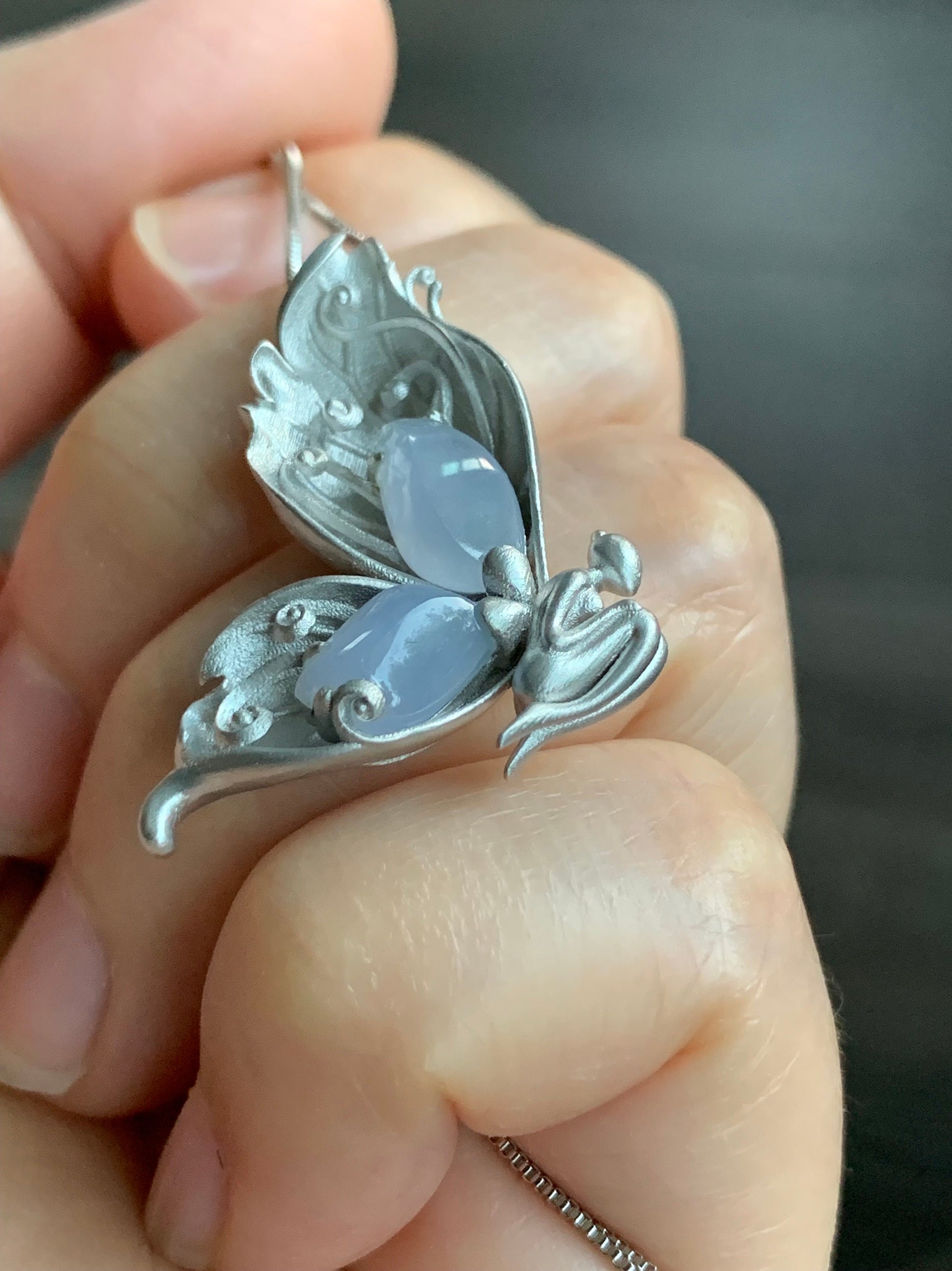 Certified Natural Burmese Icy Translucent Light Lavender Jadeite Butterfly Fairy Custom Design Pendant Sterling Silver 天然缅甸冰淡紫翡翠蝴蝶仙子镶嵌吊坠