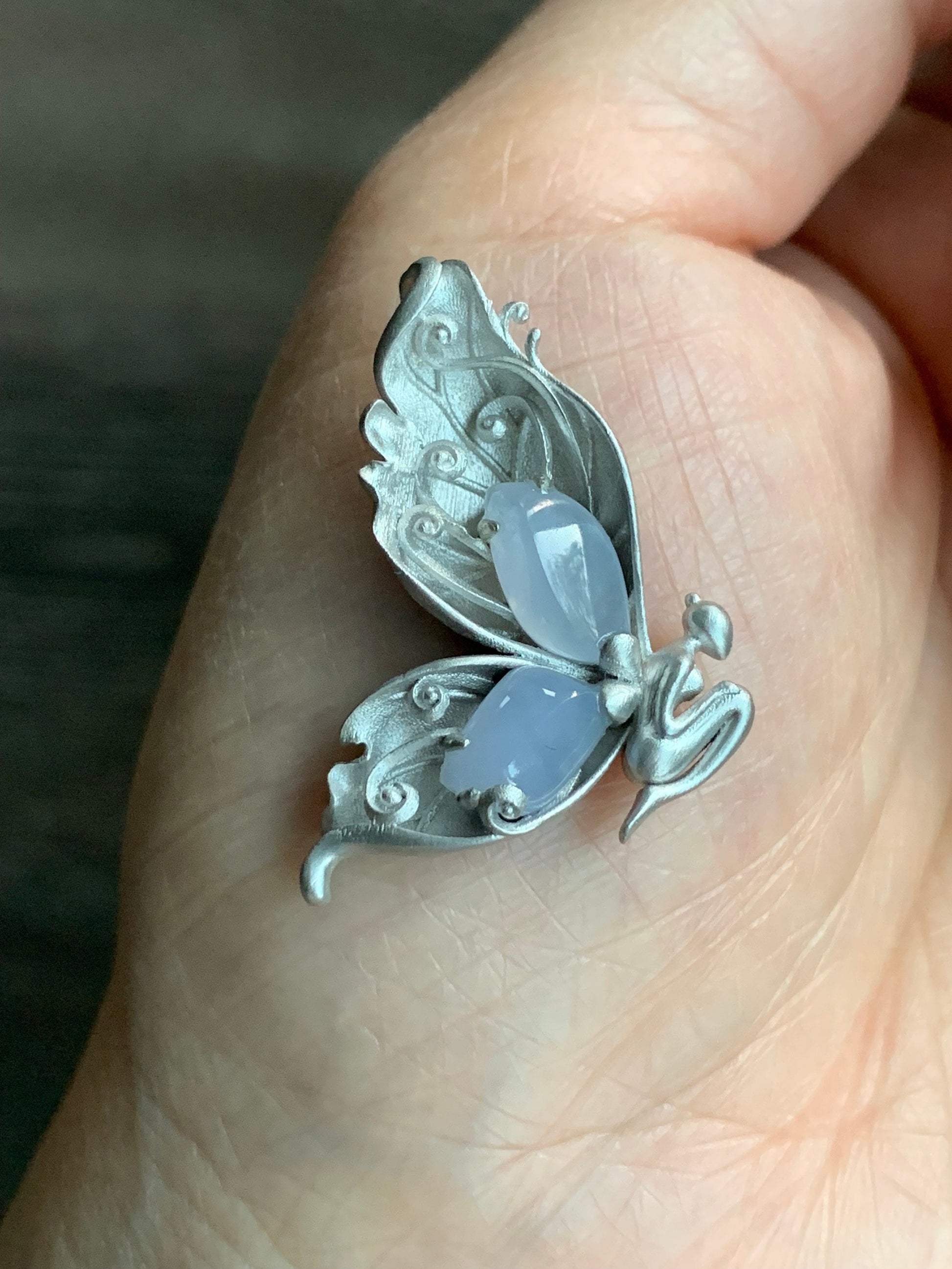Certified Natural Burmese Icy Translucent Light Lavender Jadeite Butterfly Fairy Custom Design Pendant Sterling Silver 天然缅甸冰淡紫翡翠蝴蝶仙子镶嵌吊坠