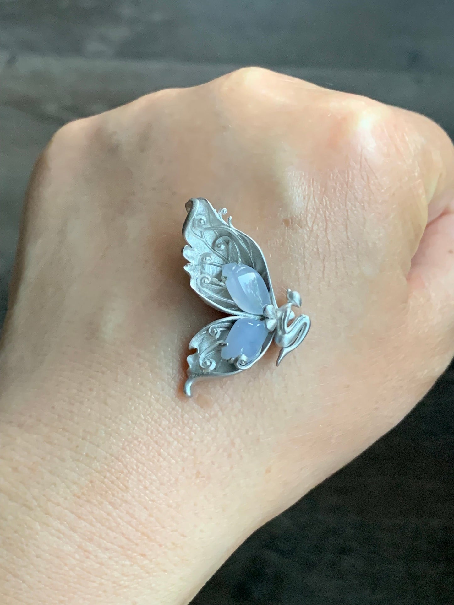 Certified Natural Burmese Icy Translucent Light Lavender Jadeite Butterfly Fairy Custom Design Pendant Sterling Silver 天然缅甸冰淡紫翡翠蝴蝶仙子镶嵌吊坠