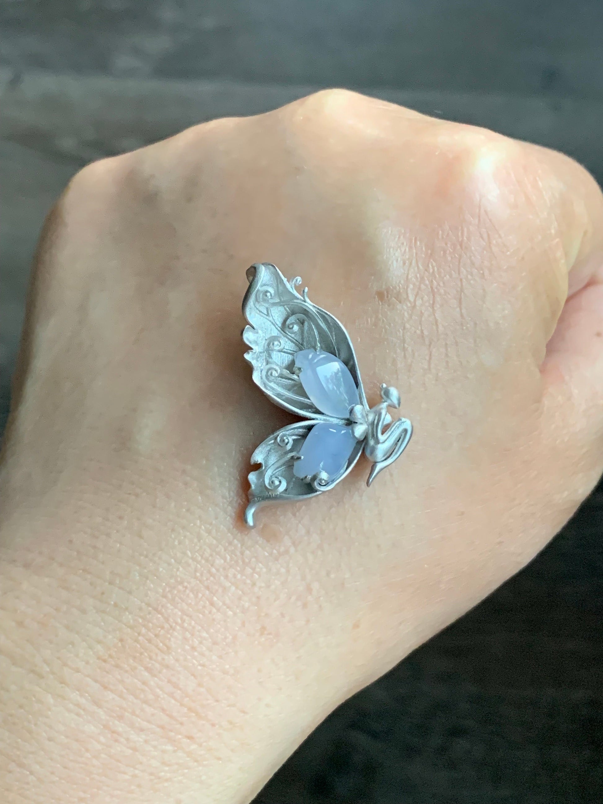 Certified Natural Burmese Icy Translucent Light Lavender Jadeite Butterfly Fairy Custom Design Pendant Sterling Silver 天然缅甸冰淡紫翡翠蝴蝶仙子镶嵌吊坠