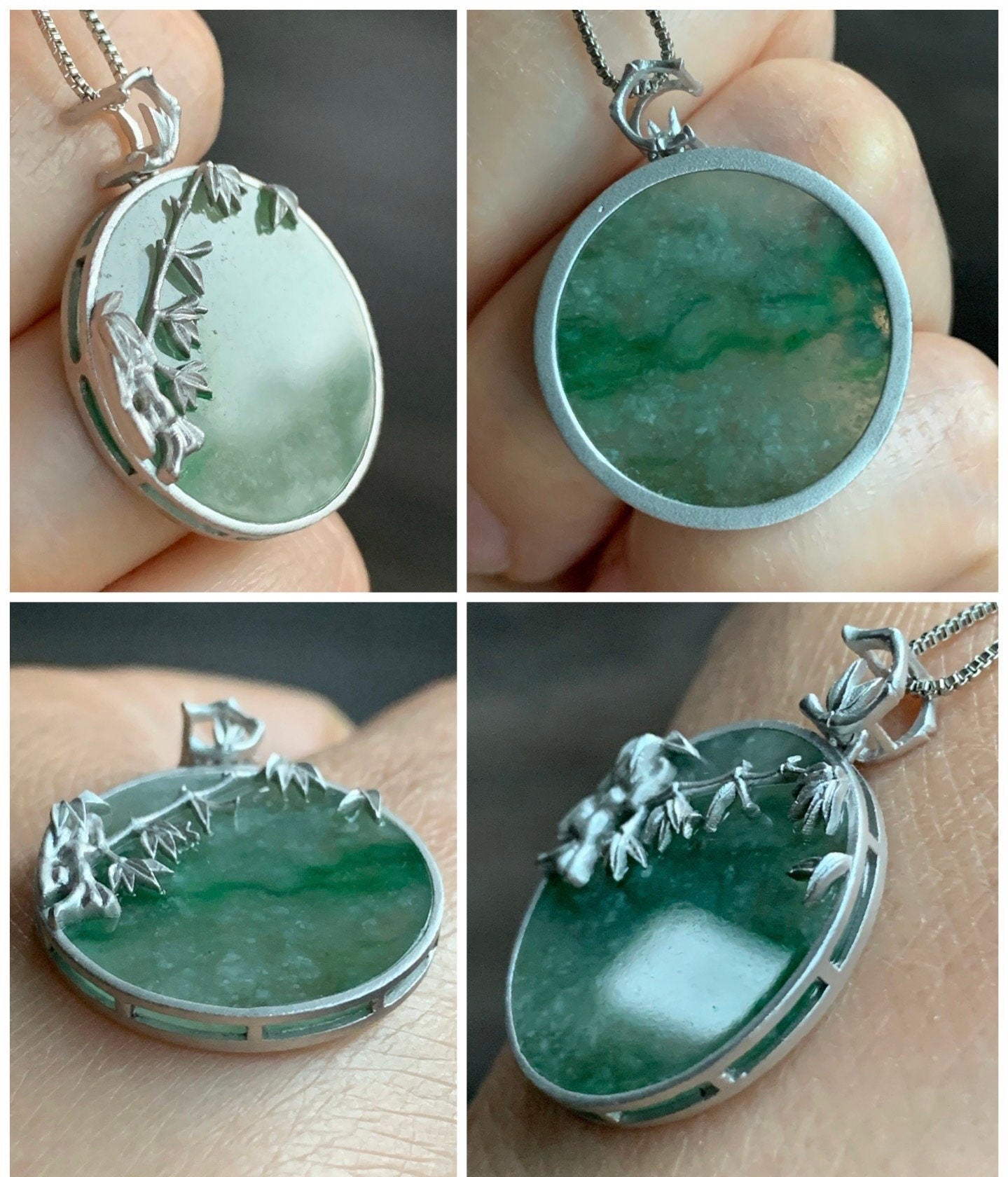 Certified Natural Burmese Moxisha Icy Green Marbled Jadeite Blessing Amulet Pendant w/ Bamboo Designs Sterling Silver 天然缅甸莫西沙飘绿花翡翠无事牌镶嵌吊坠