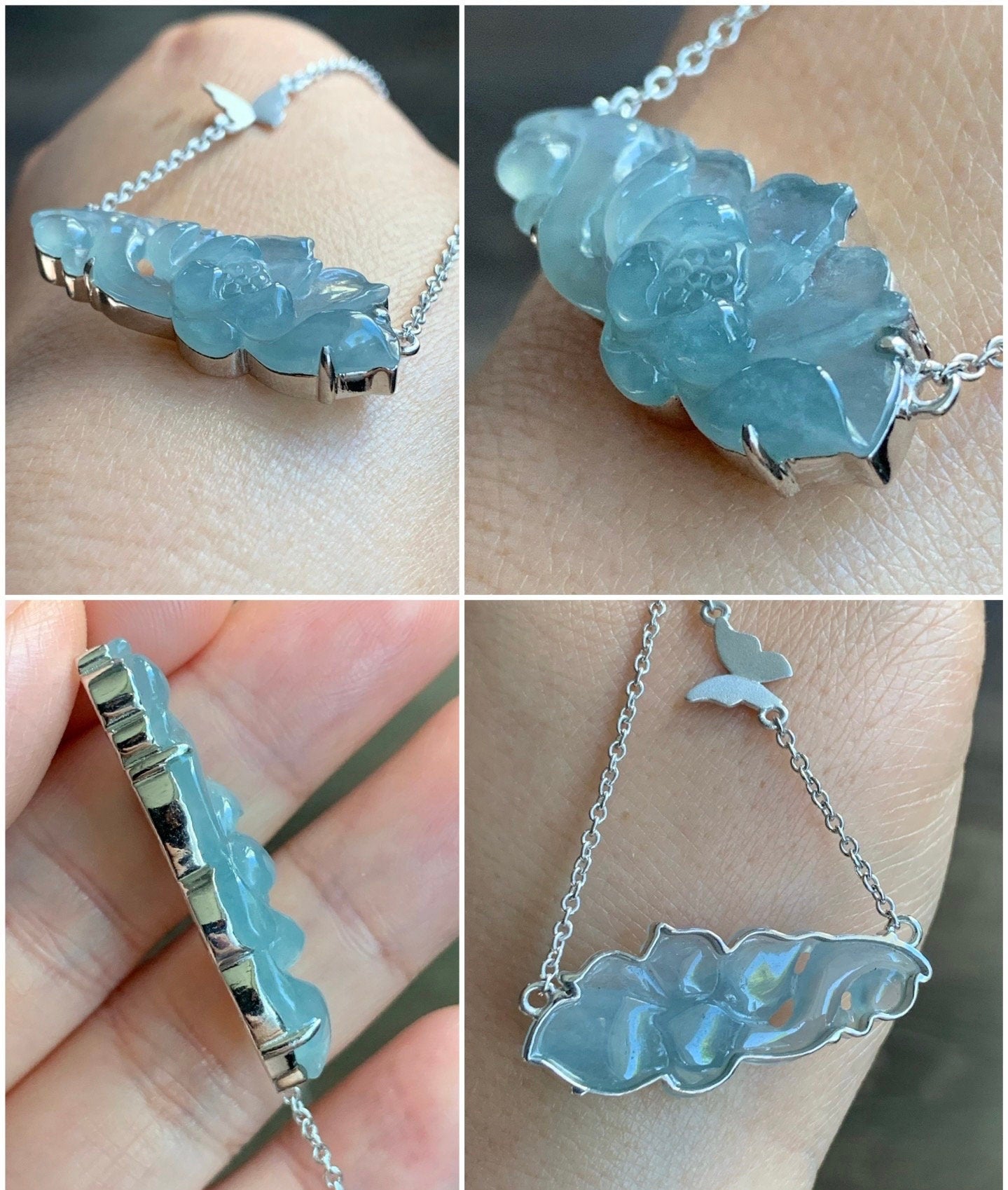 Certified Natural Guatemalan Icy Highly Translucent Light Blue Jadeite Lotus Flower Pendant Necklace Sterling Silver 17” 天然冰危淡蓝翡翠莲花锁骨链
