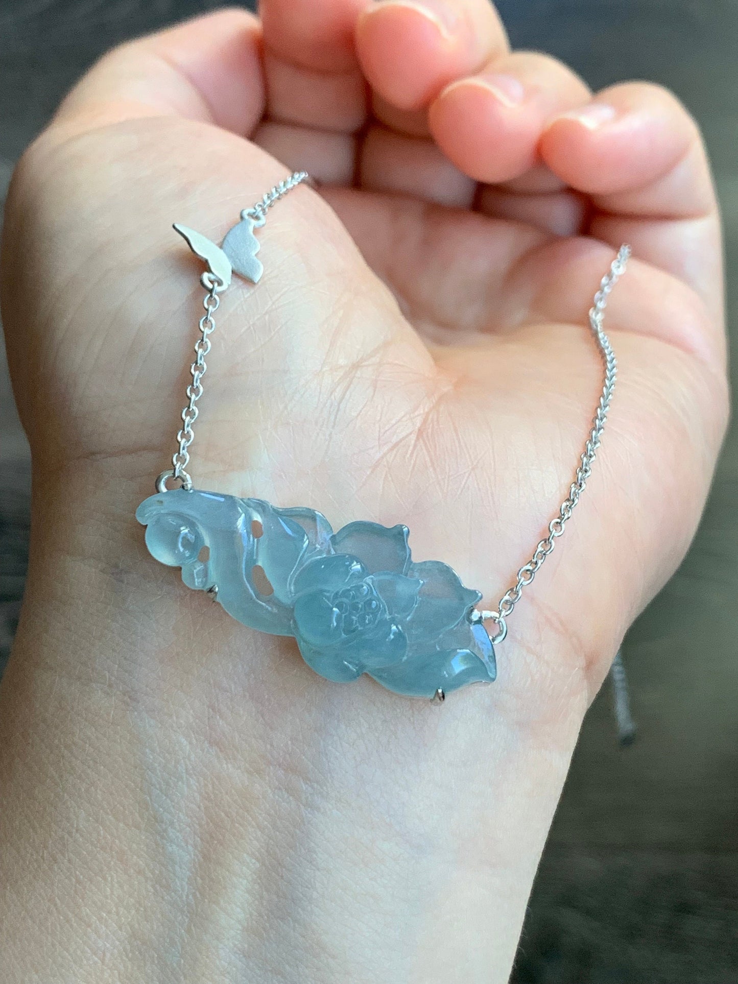 Certified Natural Guatemalan Icy Highly Translucent Light Blue Jadeite Lotus Flower Pendant Necklace Sterling Silver 17” 天然冰危淡蓝翡翠莲花锁骨链