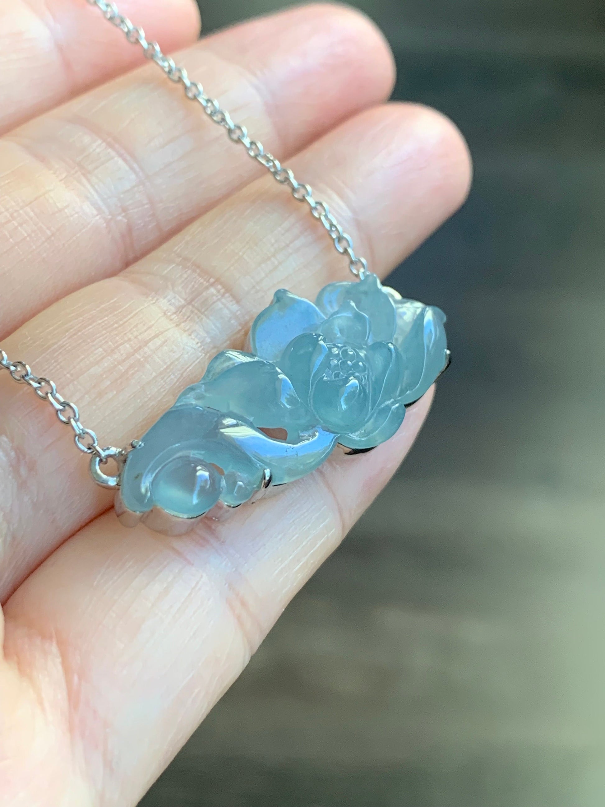 Certified Natural Guatemalan Icy Highly Translucent Light Blue Jadeite Lotus Flower Pendant Necklace Sterling Silver 17” 天然冰危淡蓝翡翠莲花锁骨链