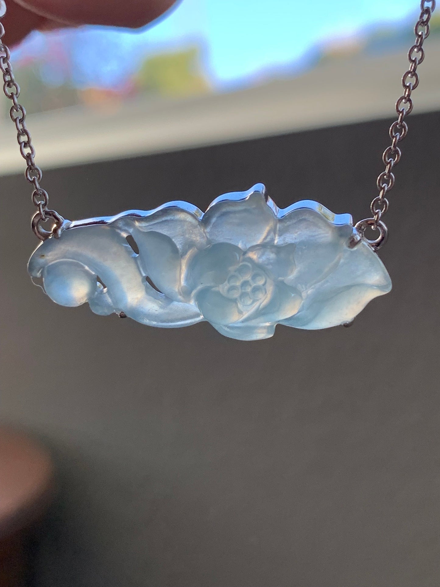 Certified Natural Guatemalan Icy Highly Translucent Light Blue Jadeite Lotus Flower Pendant Necklace Sterling Silver 17” 天然冰危淡蓝翡翠莲花锁骨链