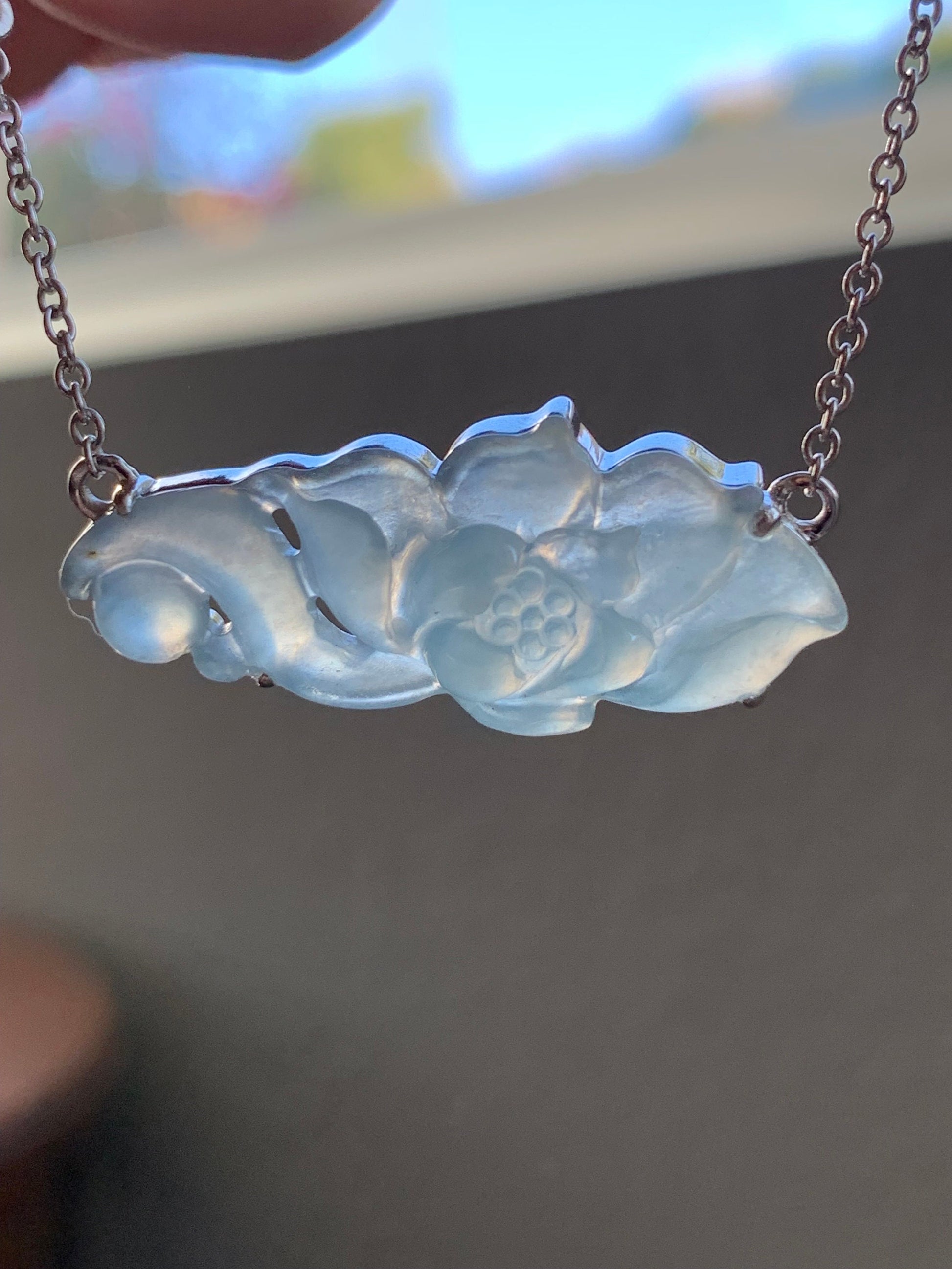 Certified Natural Guatemalan Icy Highly Translucent Light Blue Jadeite Lotus Flower Pendant Necklace Sterling Silver 17” 天然冰危淡蓝翡翠莲花锁骨链