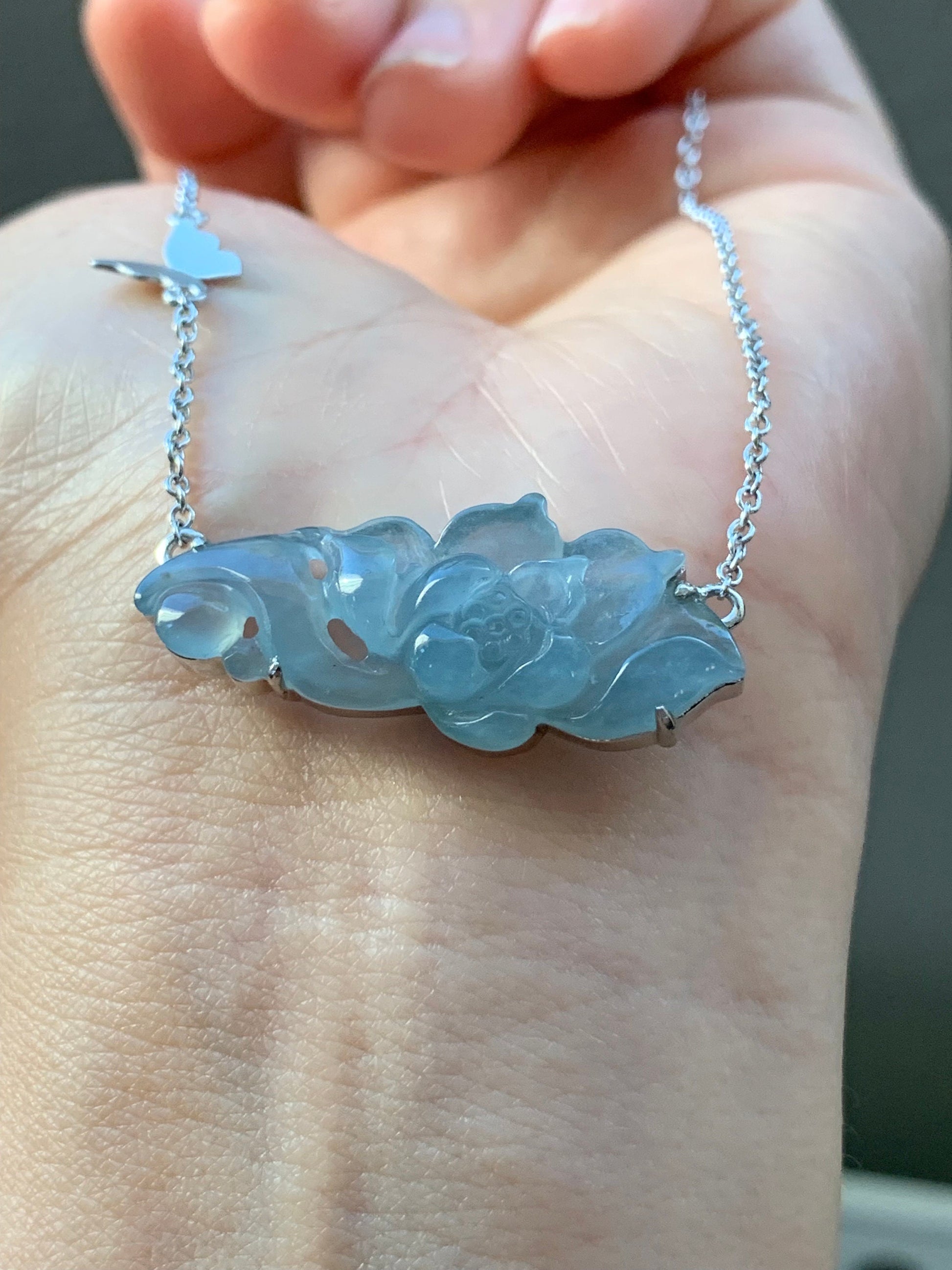 Certified Natural Guatemalan Icy Highly Translucent Light Blue Jadeite Lotus Flower Pendant Necklace Sterling Silver 17” 天然冰危淡蓝翡翠莲花锁骨链