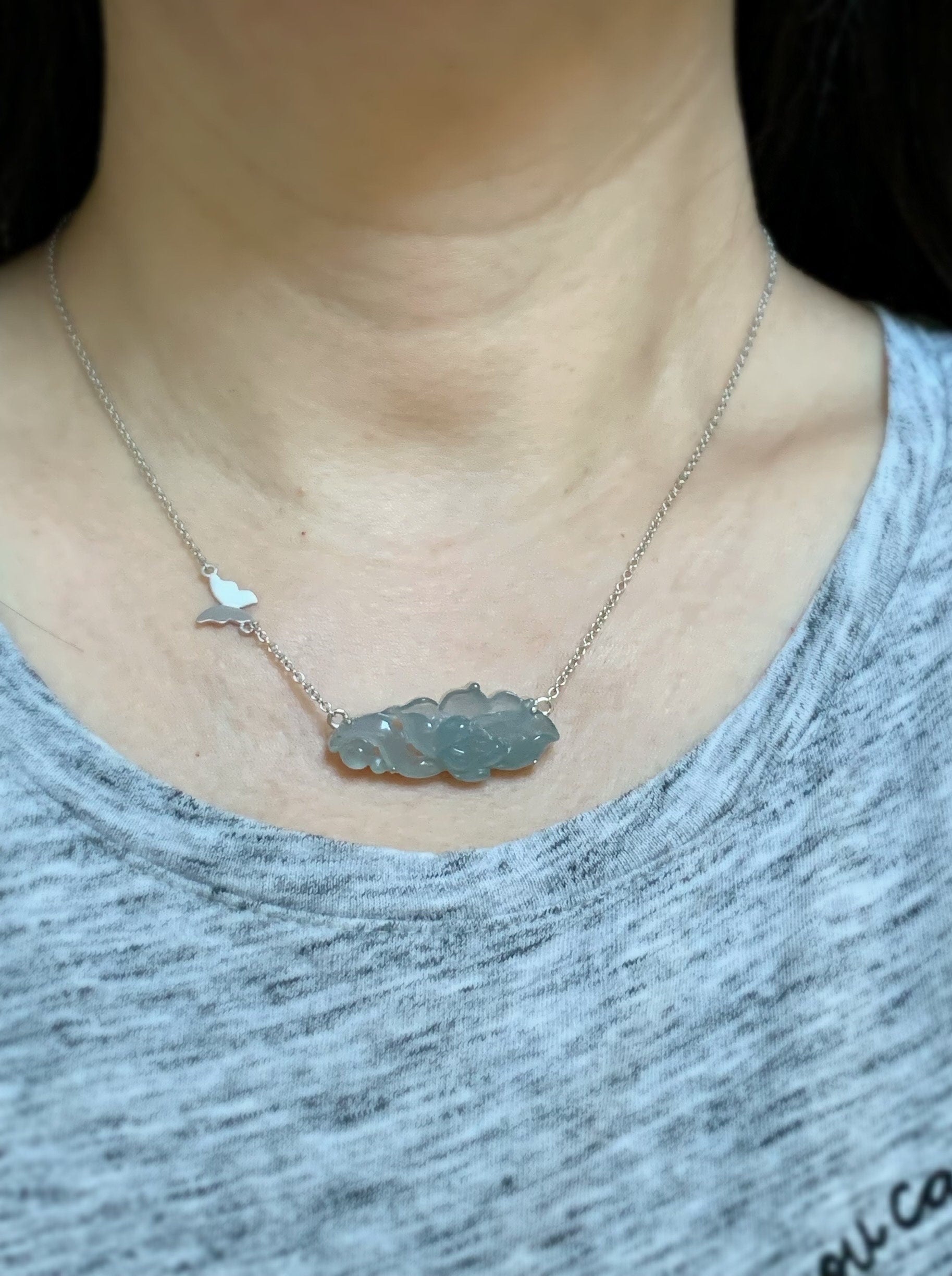 Certified Natural Guatemalan Icy Highly Translucent Light Blue Jadeite Lotus Flower Pendant Necklace Sterling Silver 17” 天然冰危淡蓝翡翠莲花锁骨链