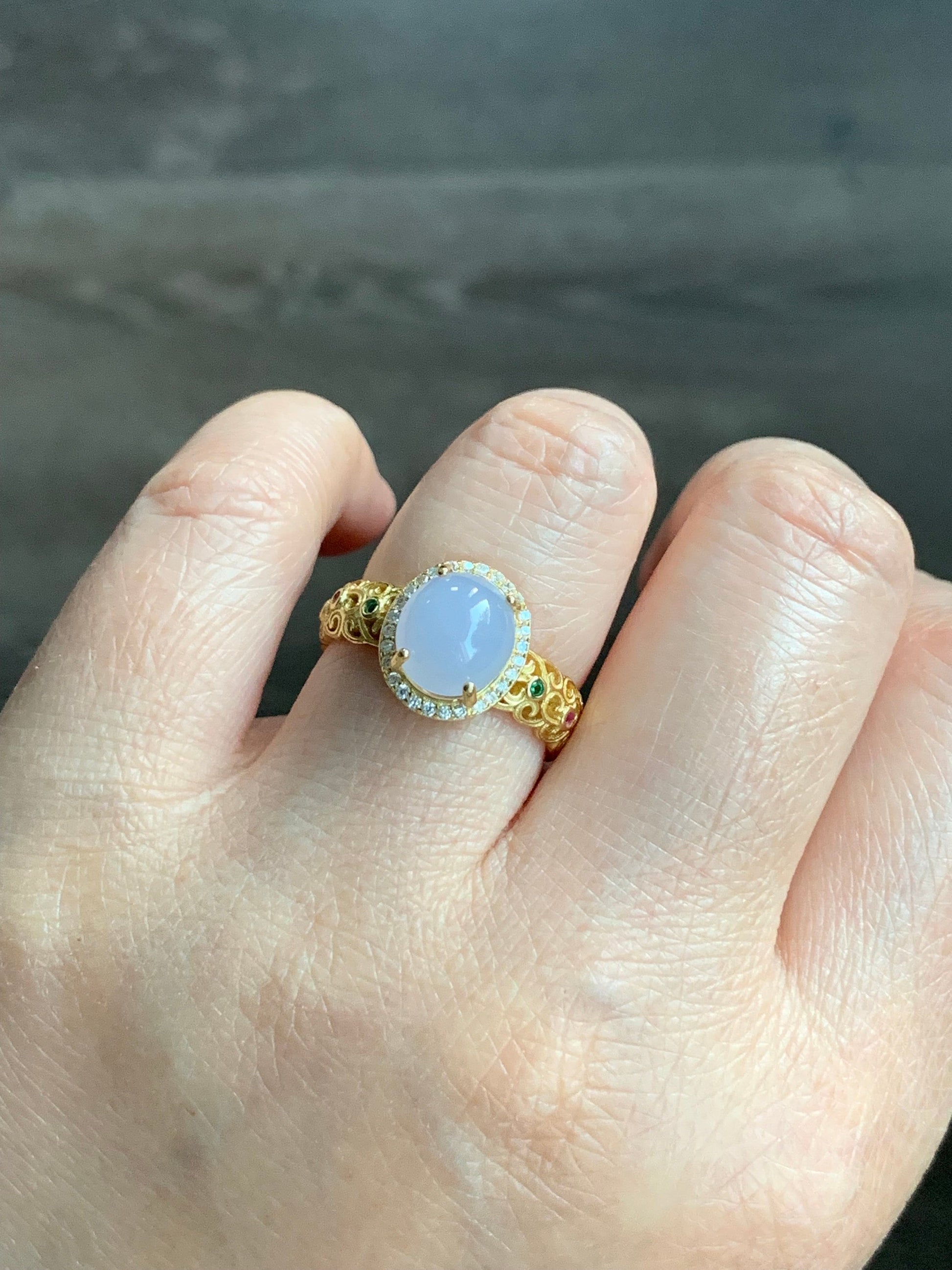 Natural Burmese Icy Translucent Gelatinous Light Purple Jadeite Ring S925 Sterling Silver Size Adjustable 天然缅甸冰淡紫翡翠银镶戒指 MZ100