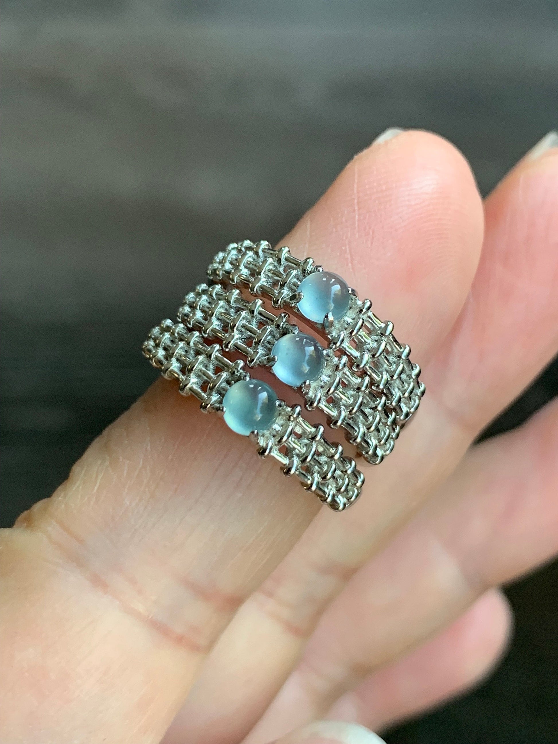 Natural Guatemalan Icy Sky Blue Highly Translucent Jadeite Ring S925 Sterling Silver Size Adjustable 天然冰危天空蓝翡翠银镶戒指 WL135-3