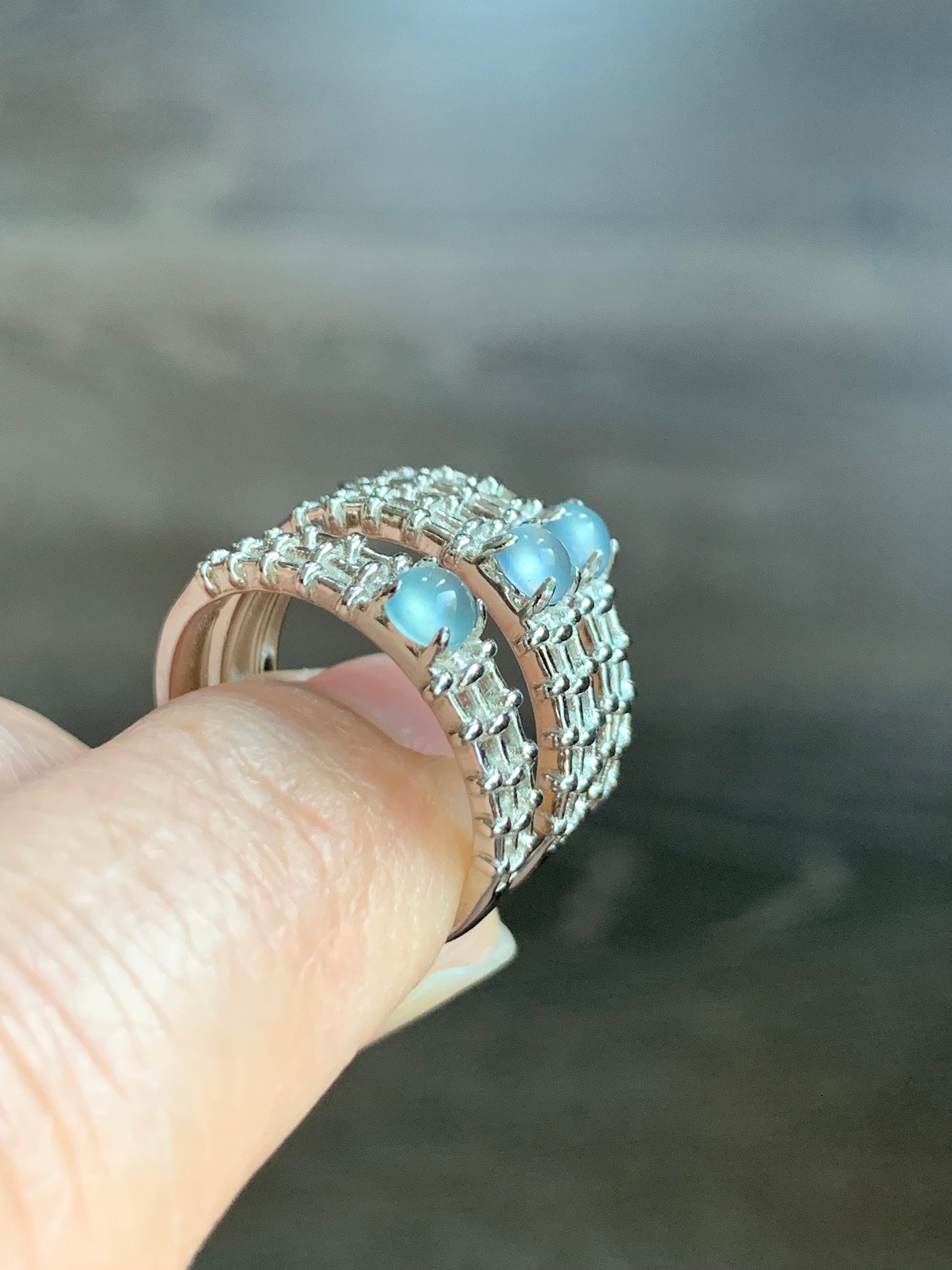 Natural Guatemalan Icy Sky Blue Highly Translucent Jadeite Ring S925 Sterling Silver Size Adjustable 天然冰危天空蓝翡翠银镶戒指 WL135-3
