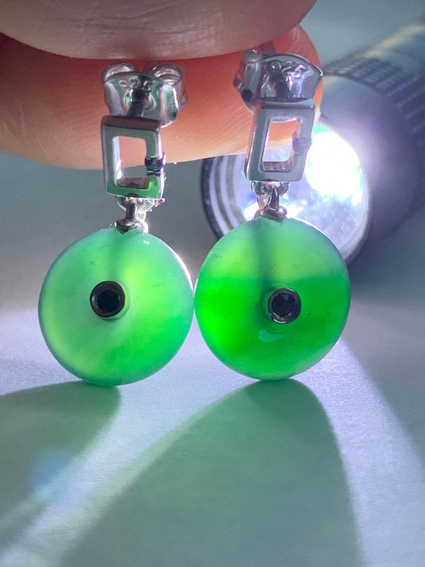 Certified Natural Guatemalan Icy Translucent Teal Green Jadeite Mini Donut Ping An Kou Sapphire Earrings Sterling Silver 天然冰危绿翡翠篮宝石迷你平安扣耳钉