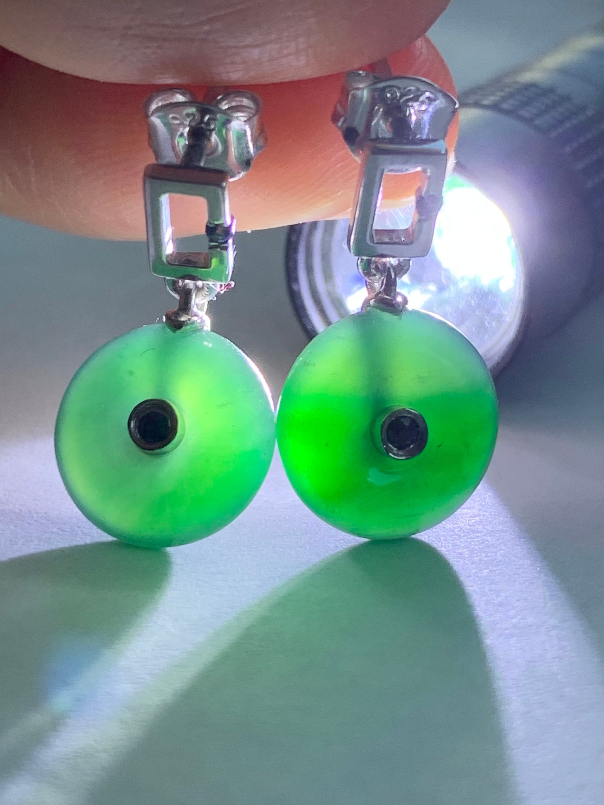 Certified Natural Guatemalan Icy Translucent Teal Green Jadeite Mini Donut Ping An Kou Sapphire Earrings Sterling Silver 天然冰危绿翡翠篮宝石迷你平安扣耳钉