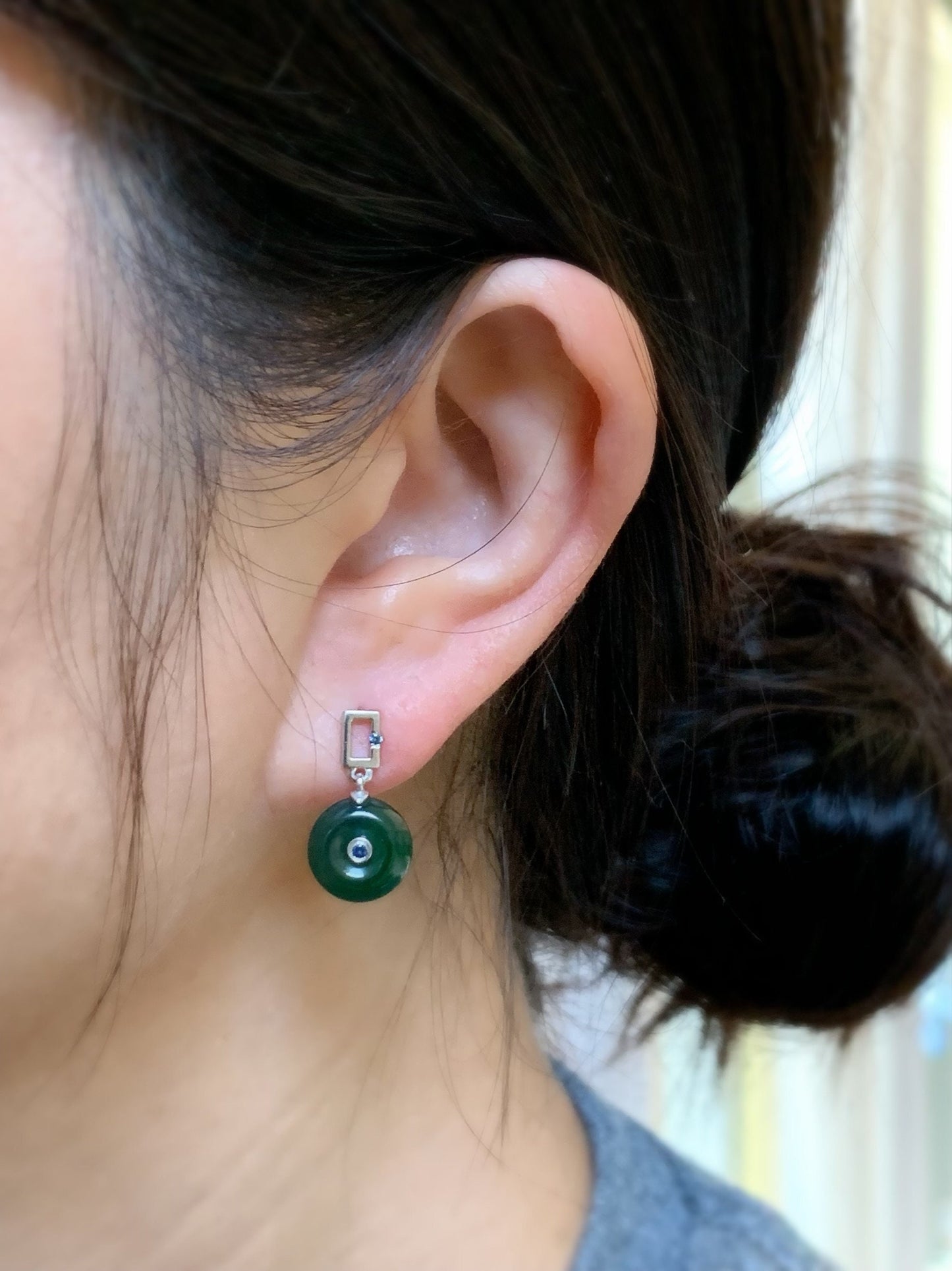 Certified Natural Guatemalan Icy Translucent Teal Green Jadeite Mini Donut Ping An Kou Sapphire Earrings Sterling Silver 天然冰危绿翡翠篮宝石迷你平安扣耳钉