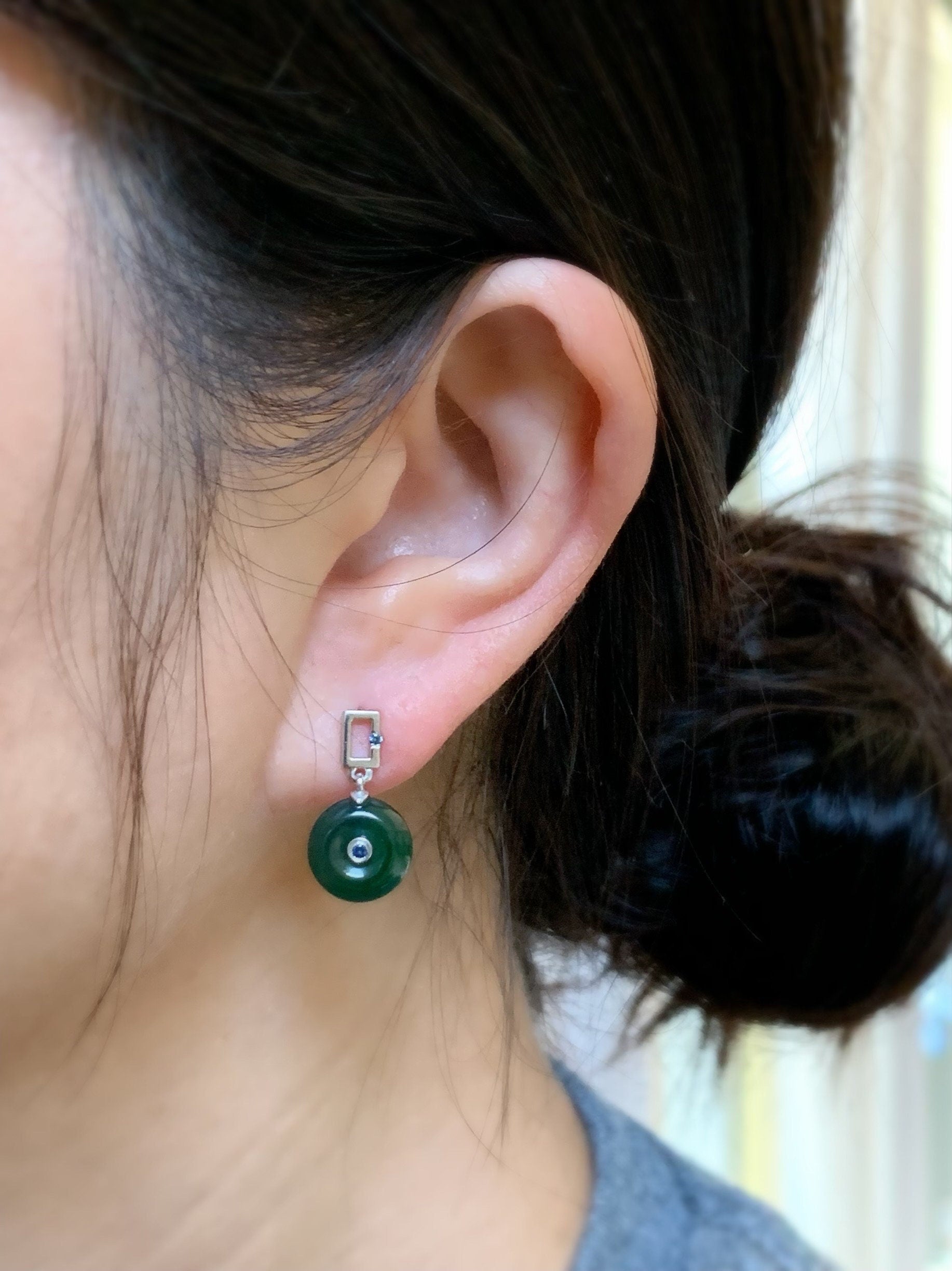 Certified Natural Guatemalan Icy Translucent Teal Green Jadeite Mini Donut Ping An Kou Sapphire Earrings Sterling Silver 天然冰危绿翡翠篮宝石迷你平安扣耳钉