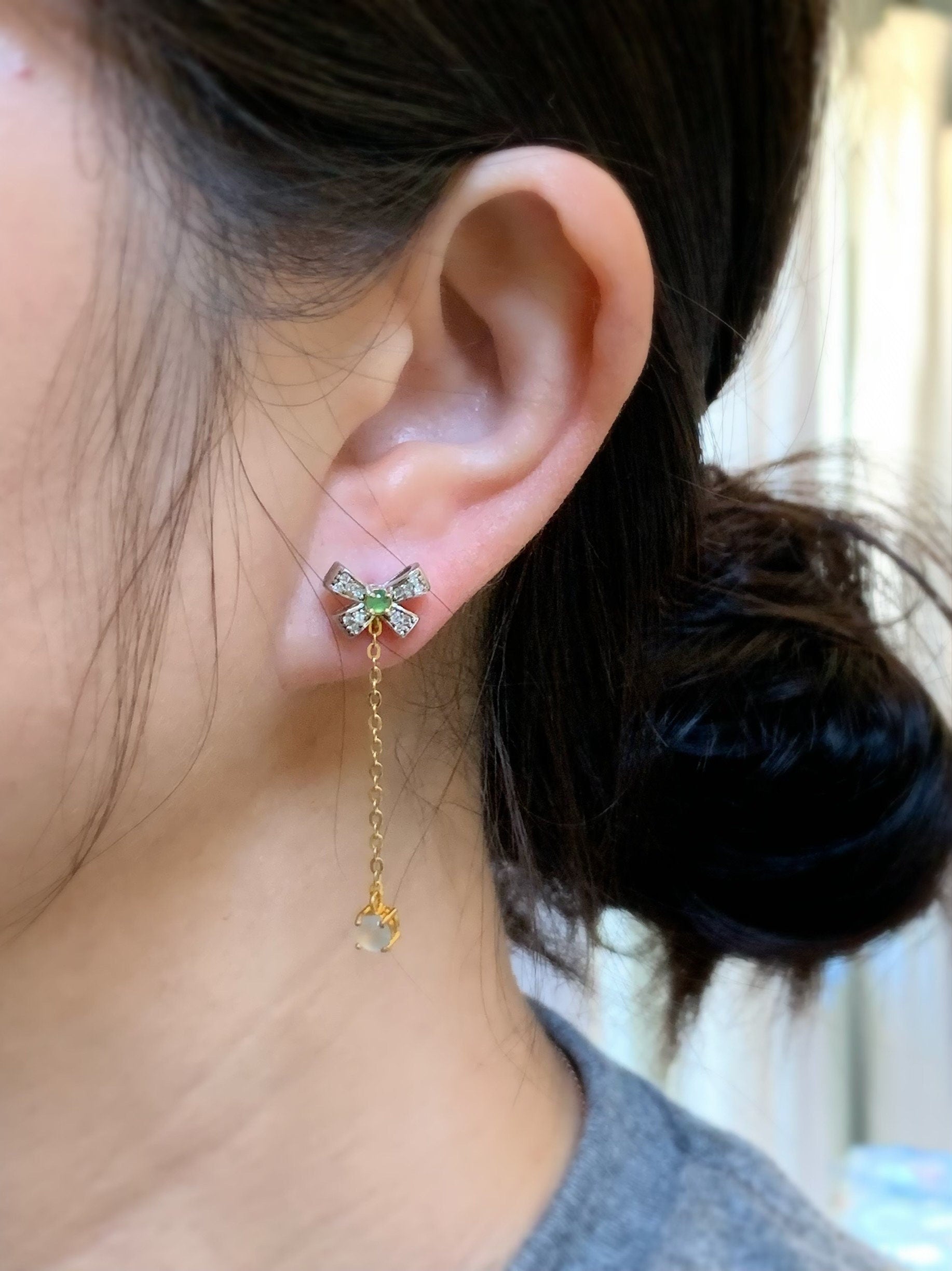 Natural Burmese & Guatemalan Icy Highly Translucent White and Green Jadeite Bow Design Stud Earrings S925 Sterling Silver 天然缅甸白冰翡翠冰绿翡翠银镶耳钉