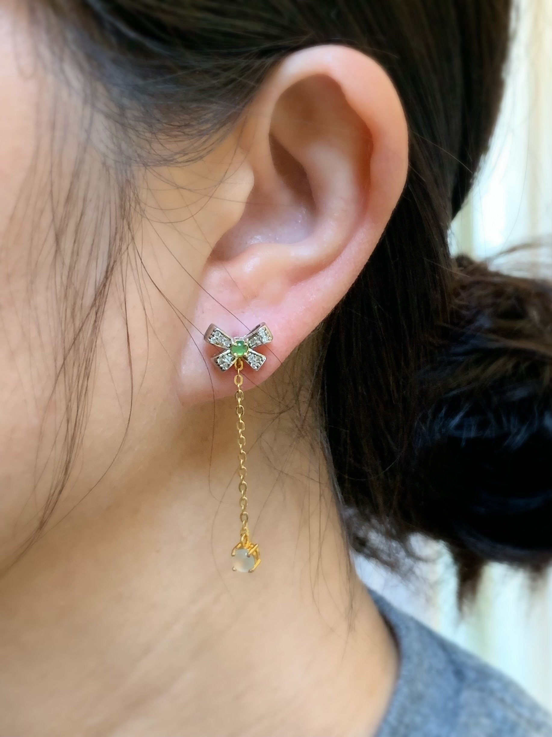 Natural Burmese & Guatemalan Icy Highly Translucent White and Green Jadeite Bow Design Stud Earrings S925 Sterling Silver 天然缅甸白冰翡翠冰绿翡翠银镶耳钉