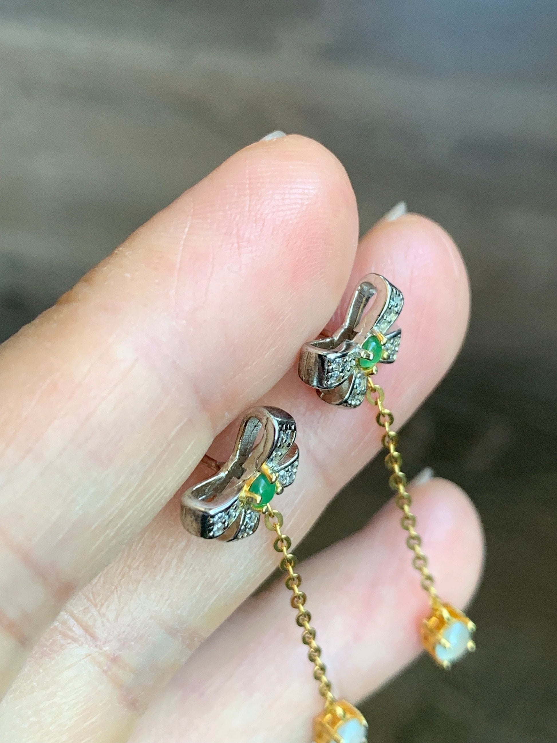 Natural Burmese & Guatemalan Icy Highly Translucent White and Green Jadeite Bow Design Stud Earrings S925 Sterling Silver 天然缅甸白冰翡翠冰绿翡翠银镶耳钉