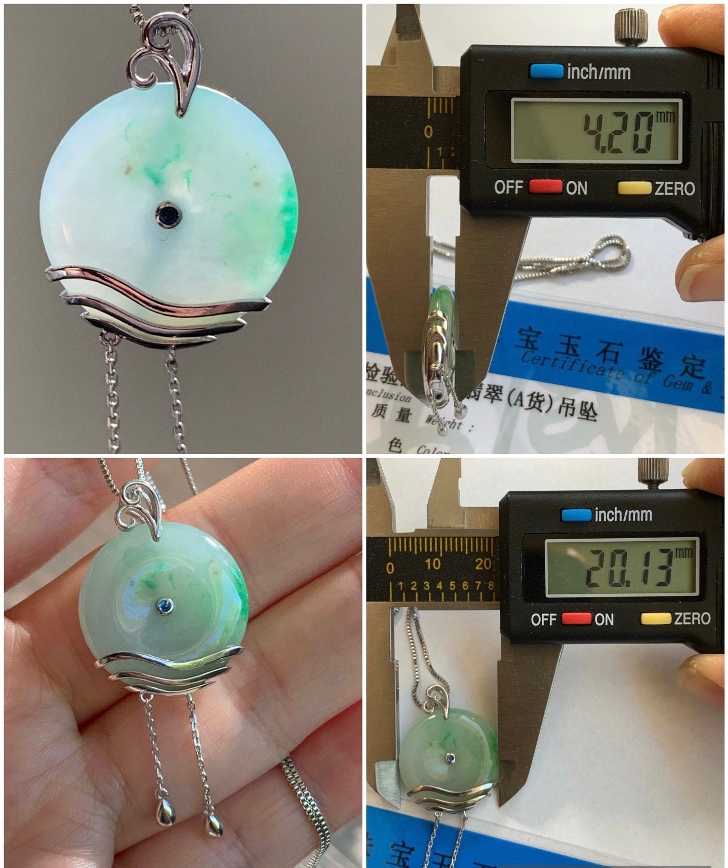 Certified Natural Burmese Translucent Light Green Jadeite Ping An Kou Donut Pendant w/ Blue Sapphire Sterling Silver 天然缅甸细糯飘绿花翡翠平安扣镶嵌吊坠