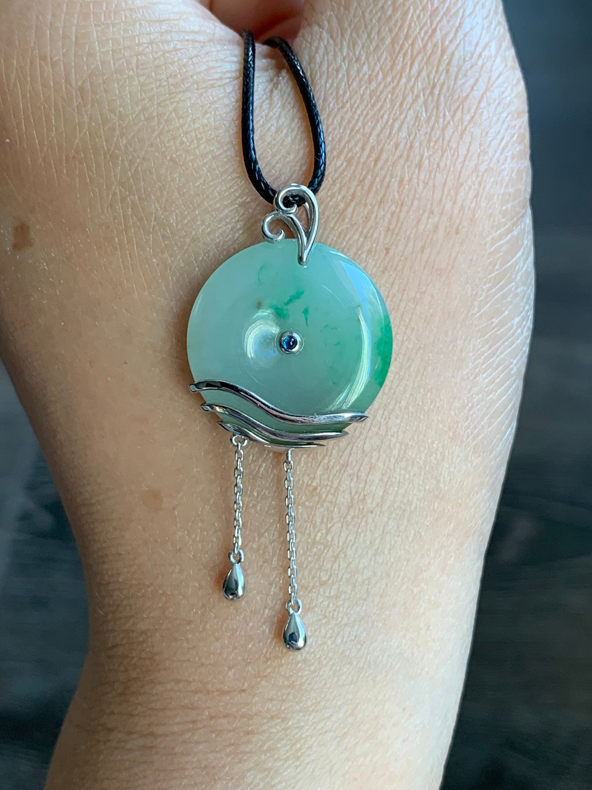 Certified Natural Burmese Translucent Light Green Jadeite Ping An Kou Donut Pendant w/ Blue Sapphire Sterling Silver 天然缅甸细糯飘绿花翡翠平安扣镶嵌吊坠