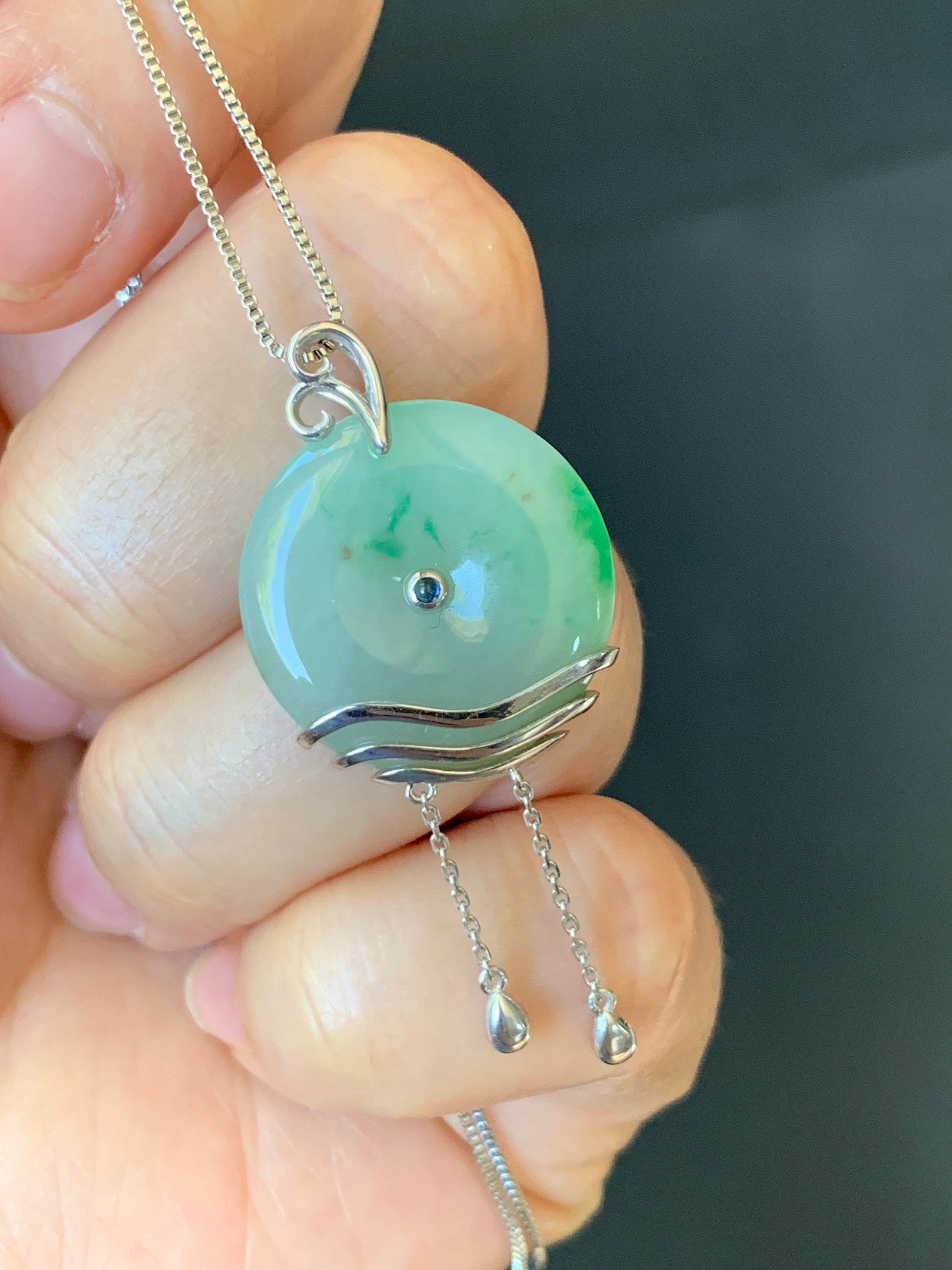 Certified Natural Burmese Translucent Light Green Jadeite Ping An Kou Donut Pendant w/ Blue Sapphire Sterling Silver 天然缅甸细糯飘绿花翡翠平安扣镶嵌吊坠