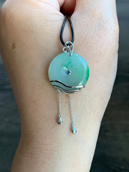 Certified Natural Burmese Translucent Light Green Jadeite Ping An Kou Donut Pendant w/ Blue Sapphire Sterling Silver 天然缅甸细糯飘绿花翡翠平安扣镶嵌吊坠