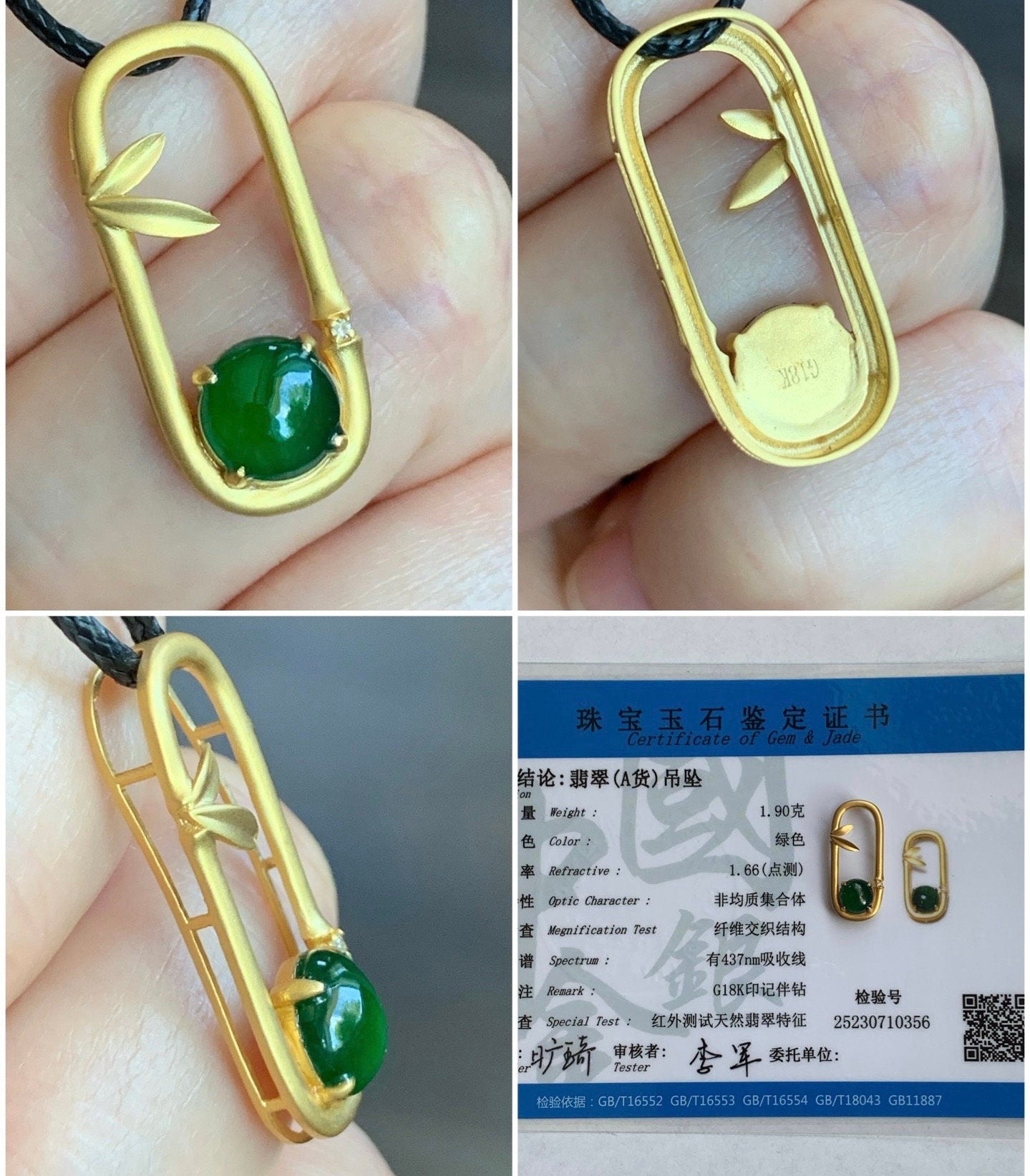 Certified Natural Guatemalan Icy Translucent Intense Green Jadeite Pendant in 18K Yellow Gold & Diamond 天然高冰危绿翡翠镶嵌吊坠