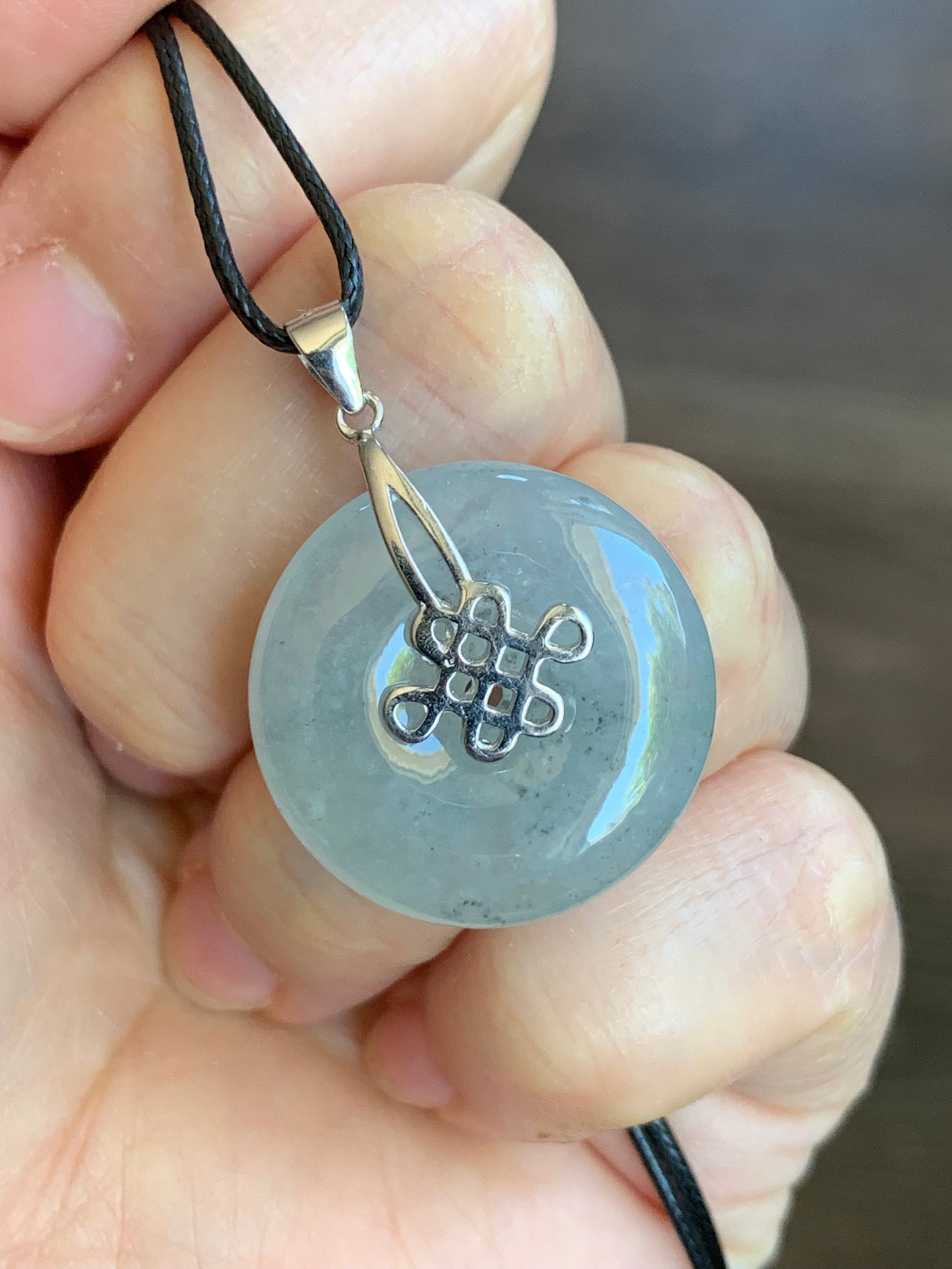 Natural Burmese Highly Translucent & Gelatinous Icy Wuji Jadeite Ping An Kou Pendant Chinese Knot Sterling Silver Bail 天然缅甸起胶冰乌鸡翡翠平安扣中国节款吊坠