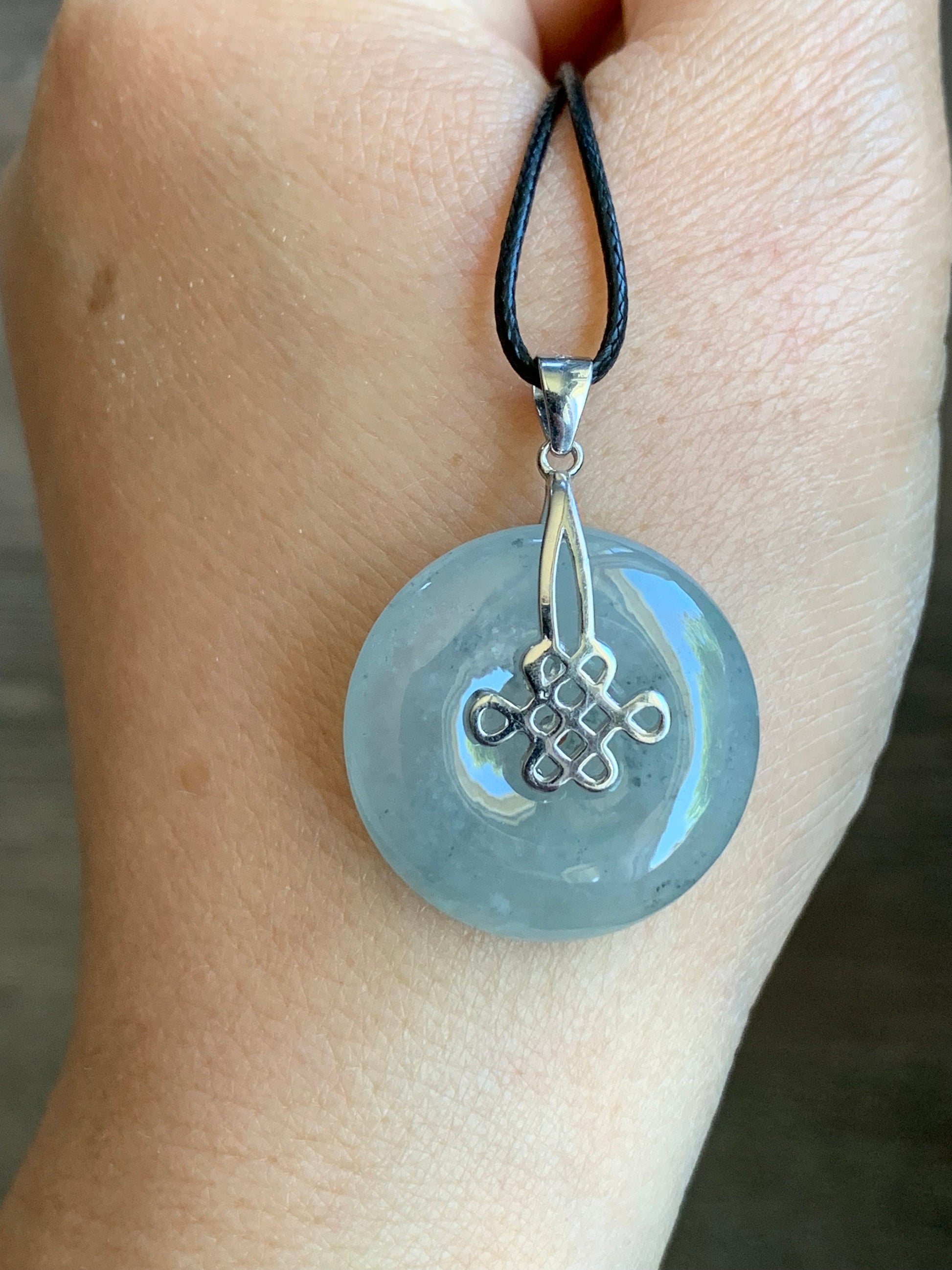 Natural Burmese Highly Translucent & Gelatinous Icy Wuji Jadeite Ping An Kou Pendant Chinese Knot Sterling Silver Bail 天然缅甸起胶冰乌鸡翡翠平安扣中国节款吊坠