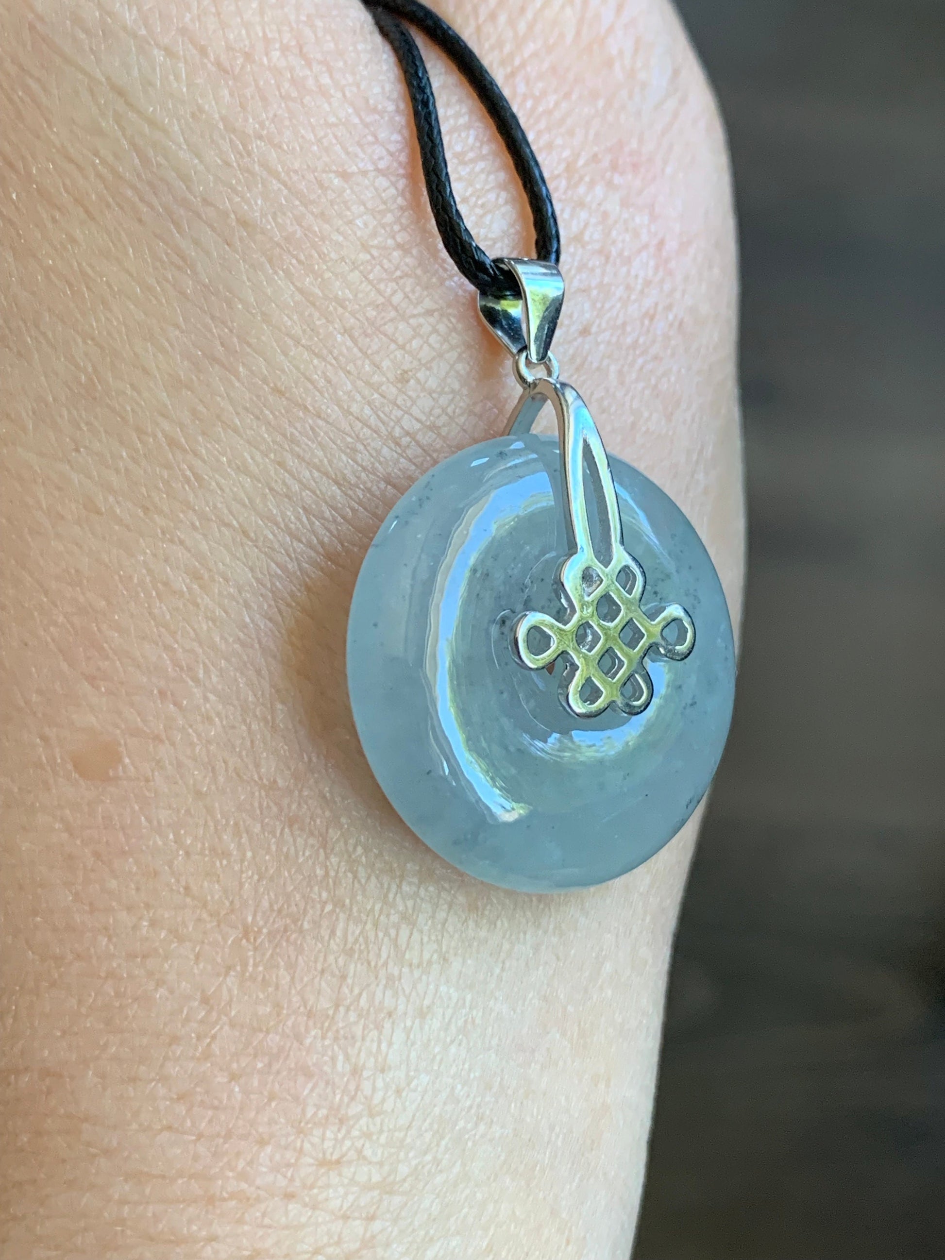 Natural Burmese Highly Translucent & Gelatinous Icy Wuji Jadeite Ping An Kou Pendant Chinese Knot Sterling Silver Bail 天然缅甸起胶冰乌鸡翡翠平安扣中国节款吊坠