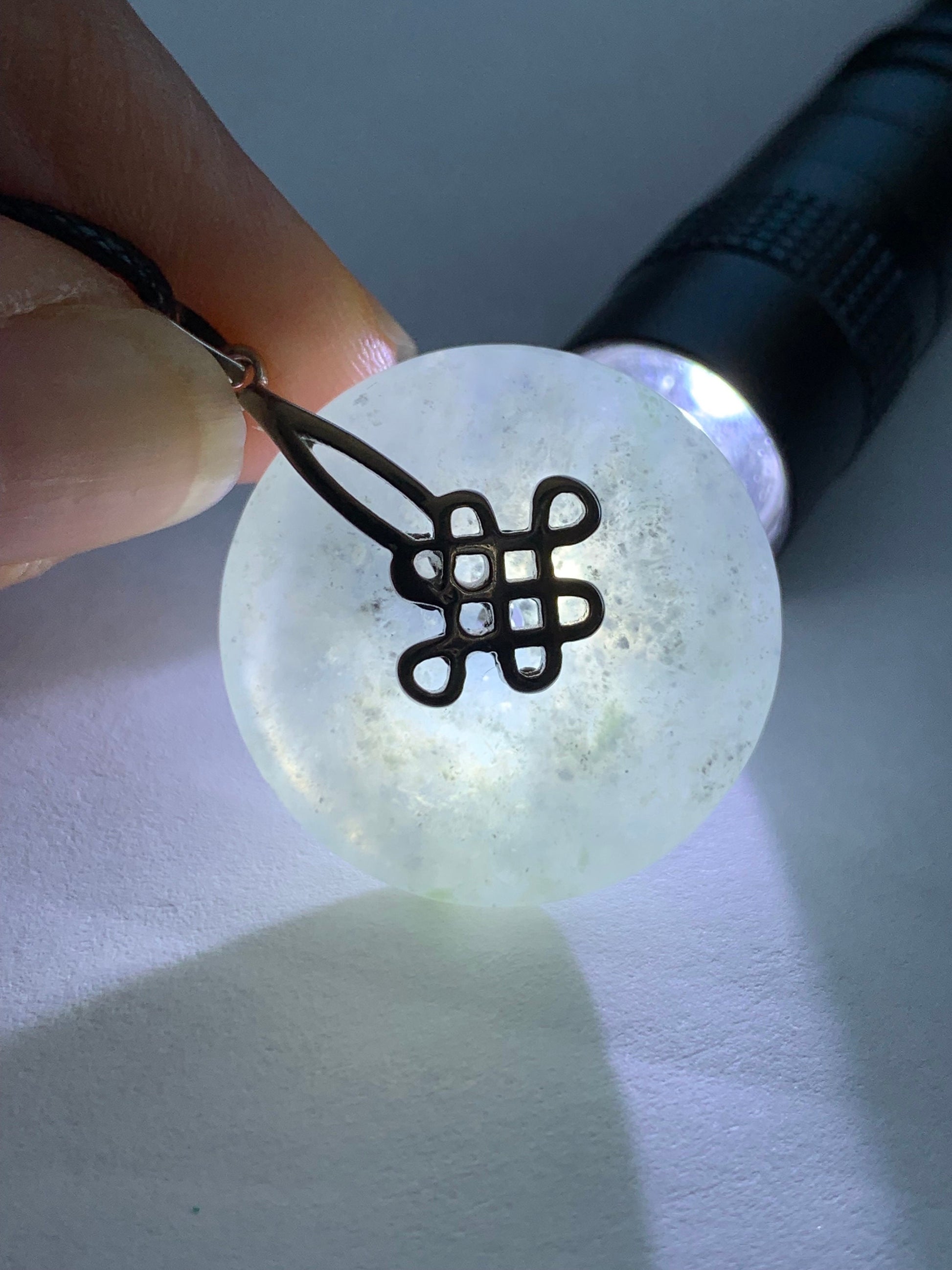 Natural Burmese Highly Translucent & Gelatinous Icy Wuji Jadeite Ping An Kou Pendant Chinese Knot Sterling Silver Bail 天然缅甸起胶冰乌鸡翡翠平安扣中国节款吊坠