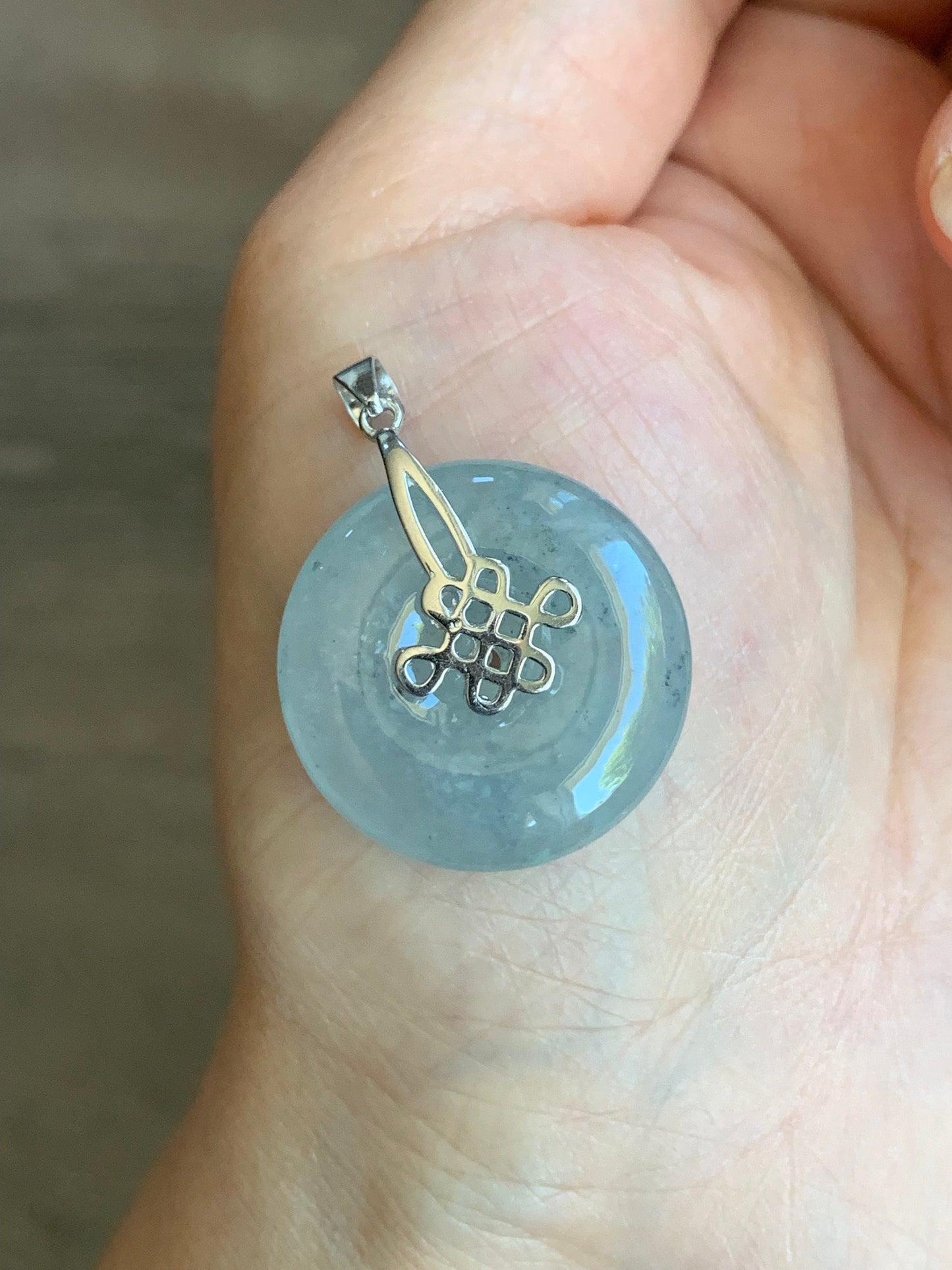Natural Burmese Highly Translucent & Gelatinous Icy Wuji Jadeite Ping An Kou Pendant Chinese Knot Sterling Silver Bail 天然缅甸起胶冰乌鸡翡翠平安扣中国节款吊坠