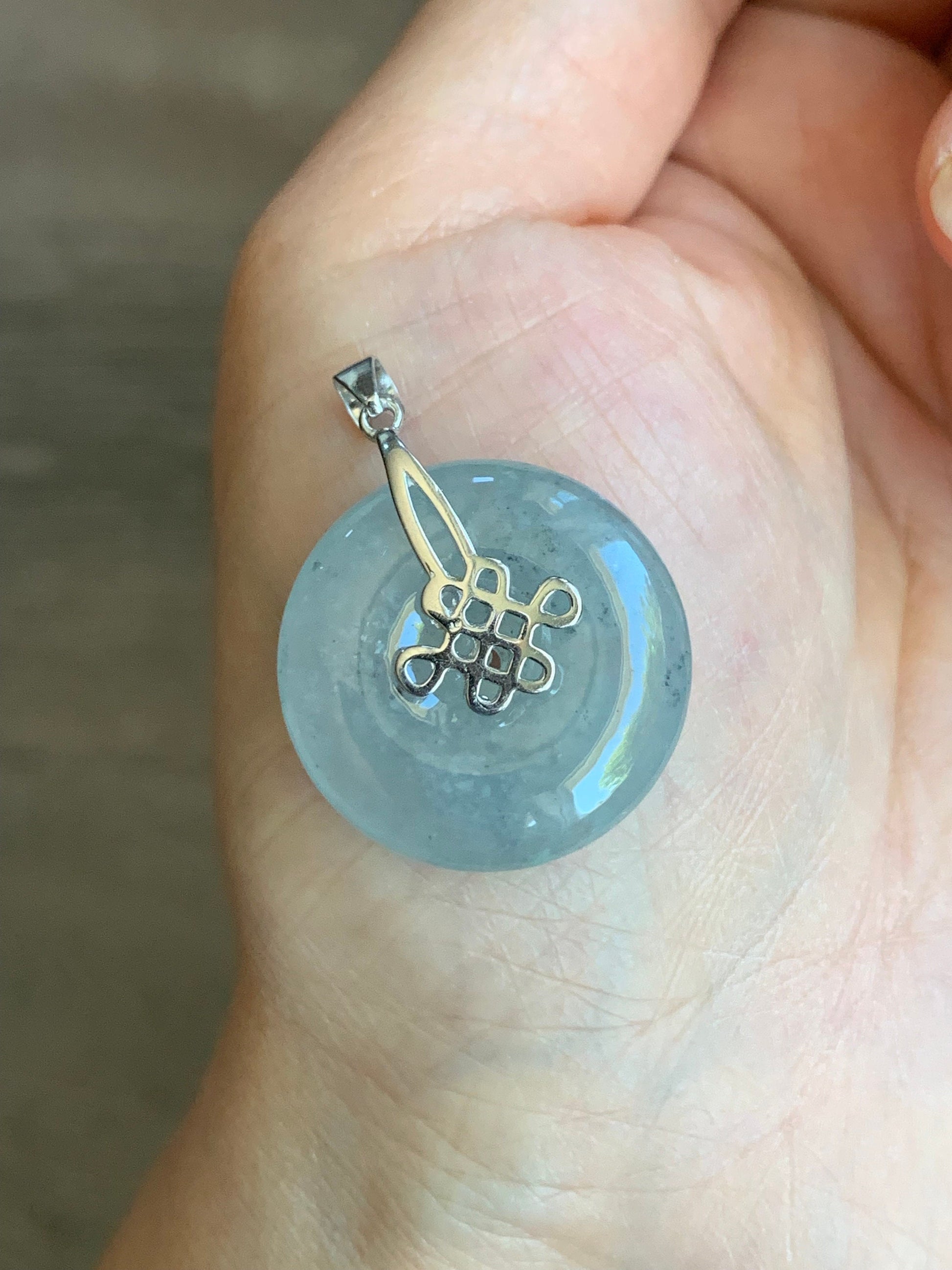 Natural Burmese Highly Translucent & Gelatinous Icy Wuji Jadeite Ping An Kou Pendant Chinese Knot Sterling Silver Bail 天然缅甸起胶冰乌鸡翡翠平安扣中国节款吊坠