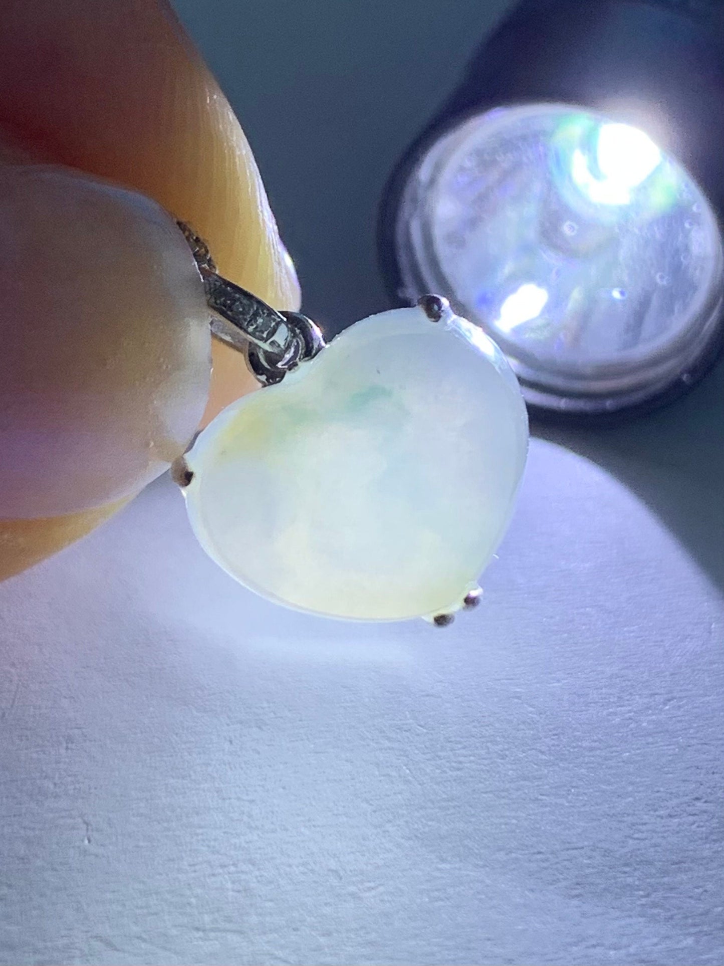 Certified Natural Burmese grade A Icy Translucent Light Purplish Blue Jadeite Heart Pendant 18K White Gold & Diamonds 天然缅甸冰蓝紫翡翠爱心镶嵌吊坠 0341