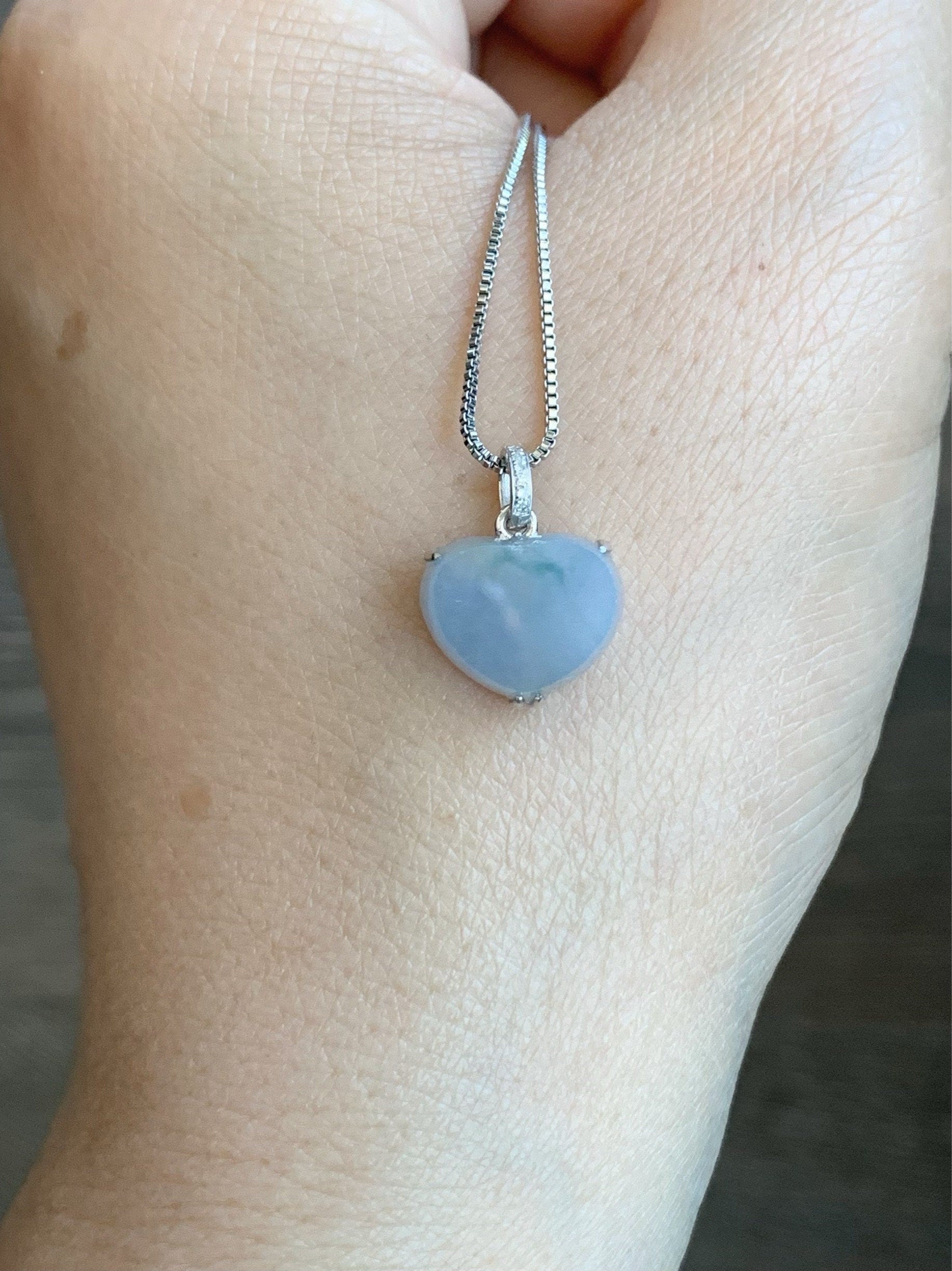 Certified Natural Burmese grade A Icy Translucent Light Purplish Blue Jadeite Heart Pendant 18K White Gold & Diamonds 天然缅甸冰蓝紫翡翠爱心镶嵌吊坠 0341