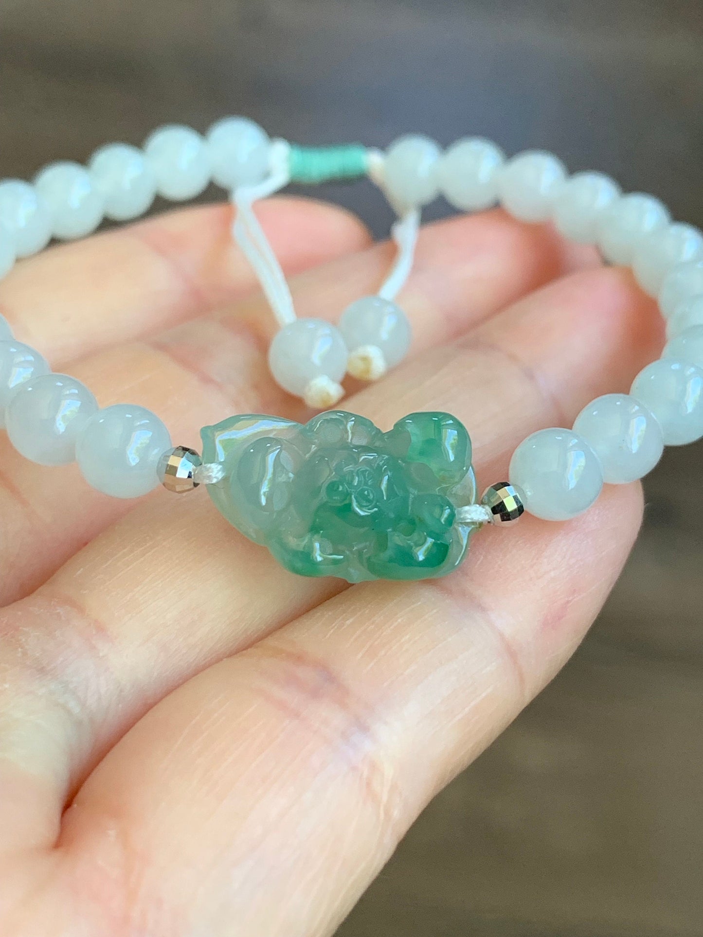 Natural Burmese Icy Highly Translucent Green Marbled Jadeite Carved Lotus Flower White Beads Beaded Bracelet 6.75” 18K Gold 天然缅甸白冰翡翠冰绿飘花莲花手串