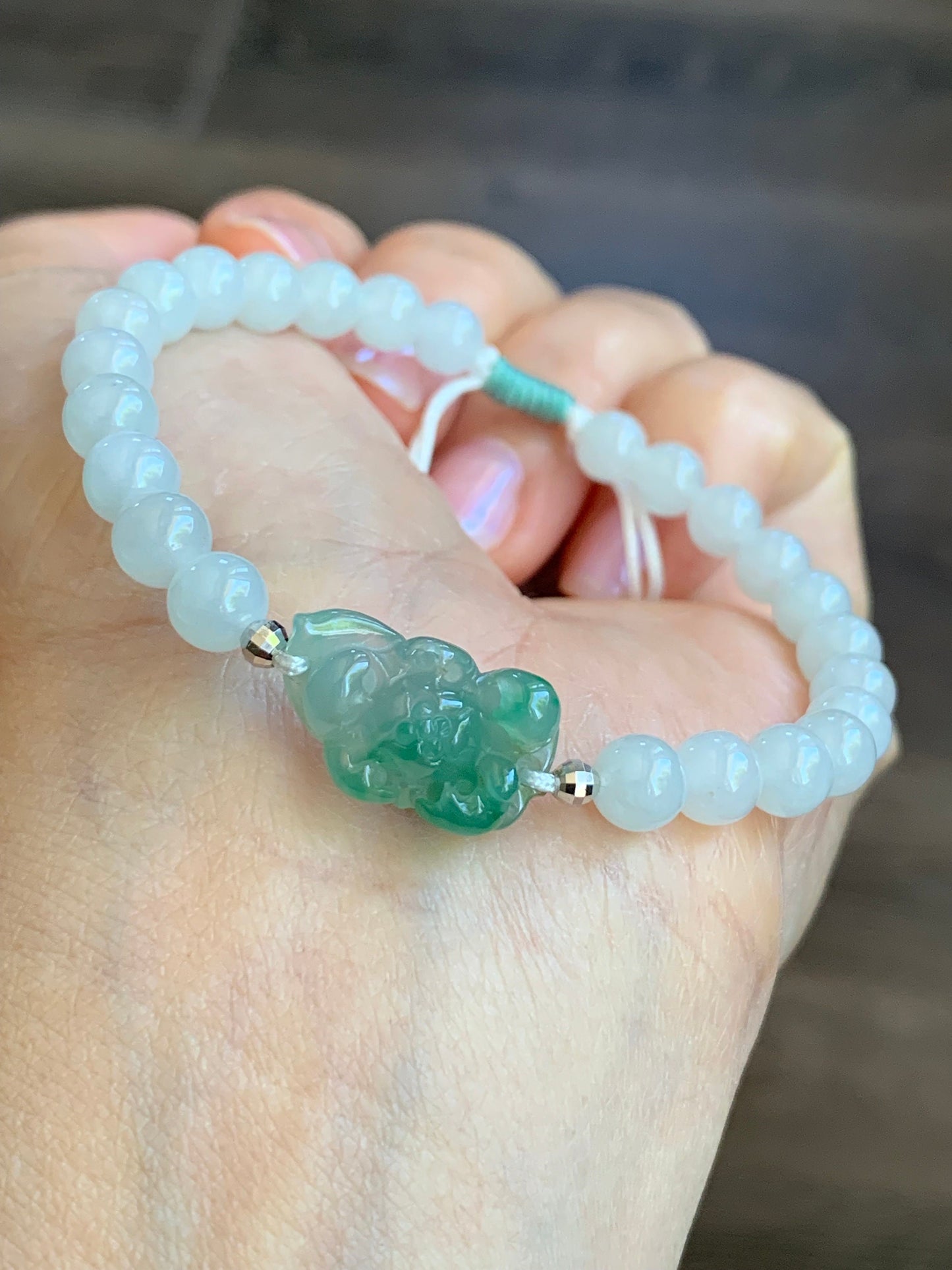 Natural Burmese Icy Highly Translucent Green Marbled Jadeite Carved Lotus Flower White Beads Beaded Bracelet 6.75” 18K Gold 天然缅甸白冰翡翠冰绿飘花莲花手串