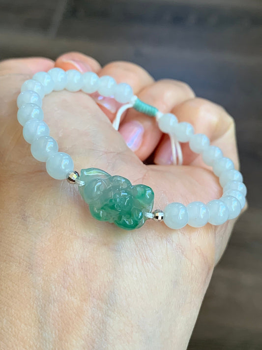 Natural Burmese Icy Highly Translucent Green Marbled Jadeite Carved Lotus Flower White Beads Beaded Bracelet 6.75” 18K Gold 天然缅甸白冰翡翠冰绿飘花莲花手串