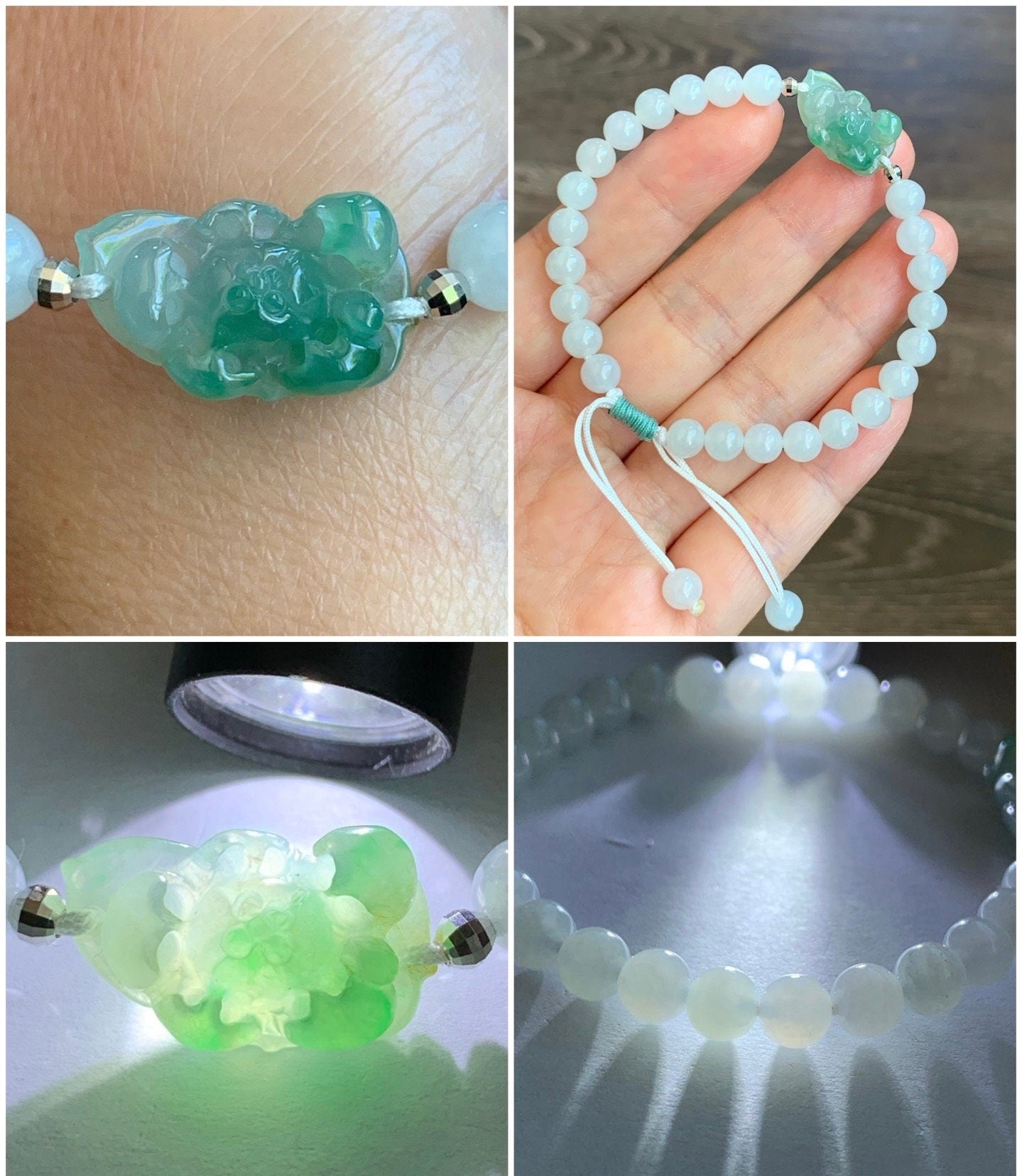 Natural Burmese Icy Highly Translucent Green Marbled Jadeite Carved Lotus Flower White Beads Beaded Bracelet 6.75” 18K Gold 天然缅甸白冰翡翠冰绿飘花莲花手串
