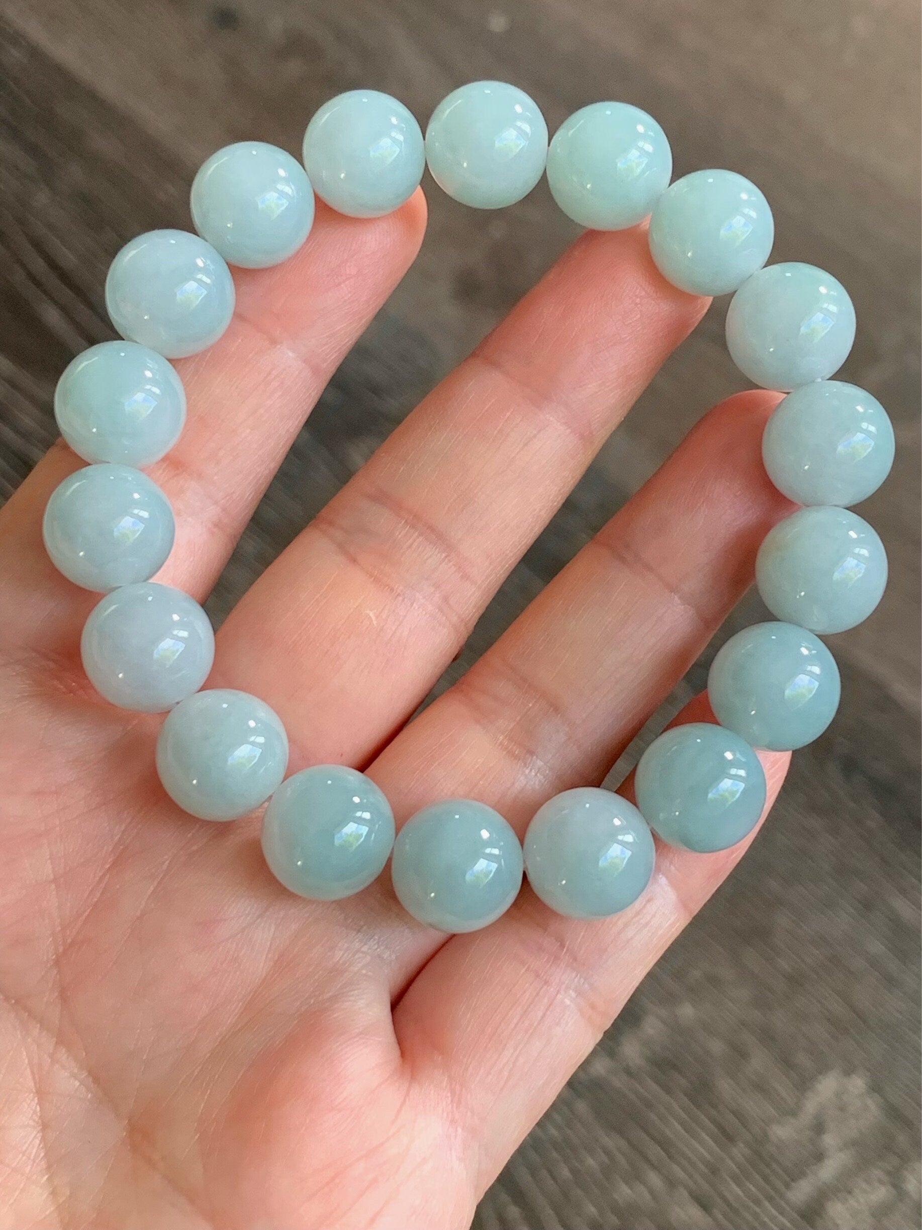 Large Natural Burmese Icy Translucent & Gelatinous Light Blue Sky Blue Jadeite Mala Beaded Bracelet 11.7mm 8” 天然缅甸糯冰胶天空蓝翡翠手串 TKL611