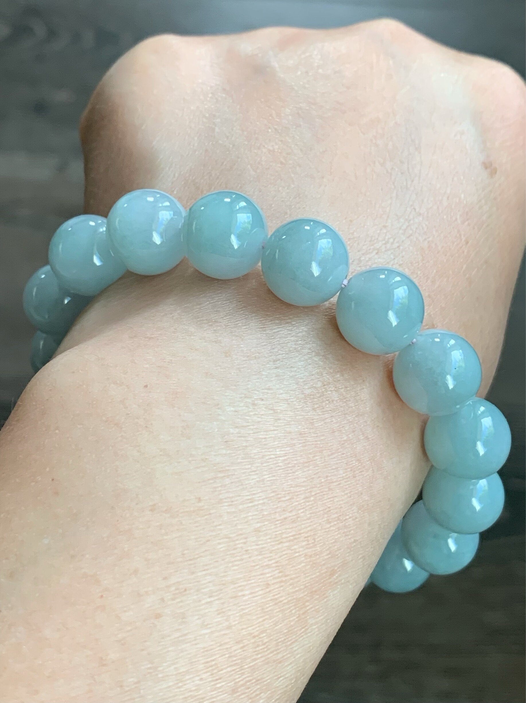 Large Natural Burmese Icy Translucent & Gelatinous Light Blue Sky Blue Jadeite Mala Beaded Bracelet 11.7mm 8” 天然缅甸糯冰胶天空蓝翡翠手串 TKL611