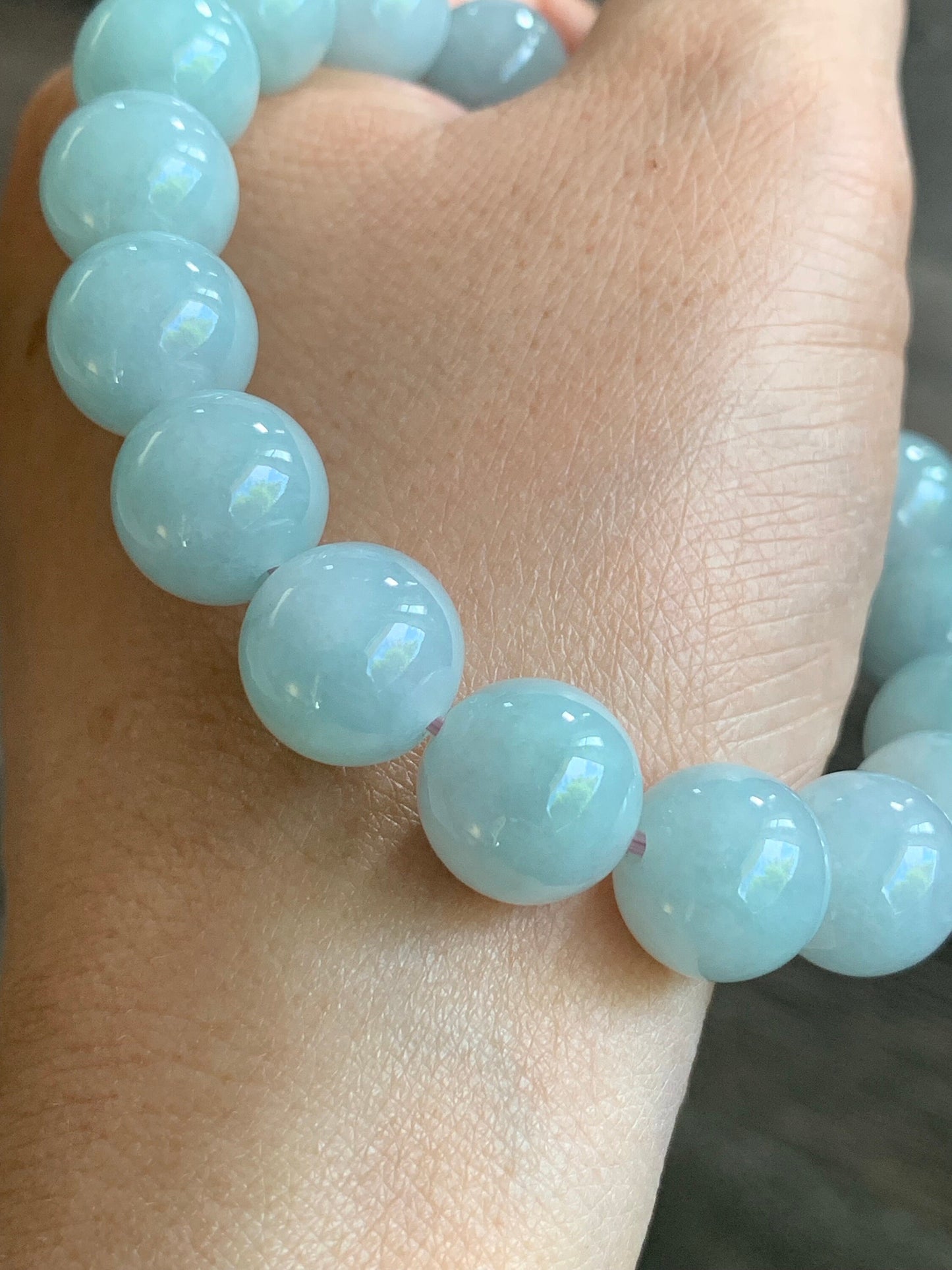 Large Natural Burmese Icy Translucent & Gelatinous Light Blue Sky Blue Jadeite Mala Beaded Bracelet 11.7mm 8” 天然缅甸糯冰胶天空蓝翡翠手串 TKL611