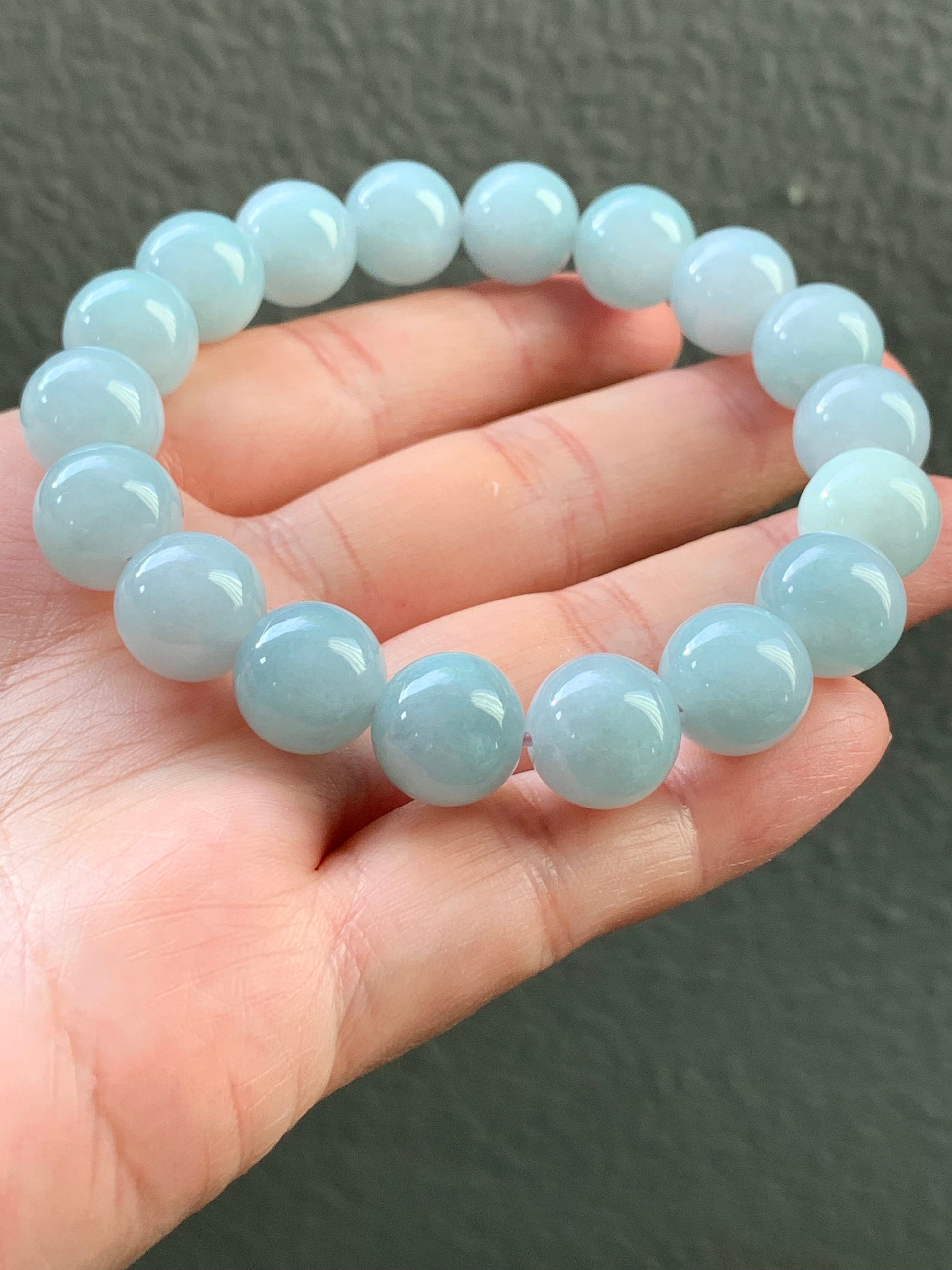 Large Natural Burmese Icy Translucent & Gelatinous Light Blue Sky Blue Jadeite Mala Beaded Bracelet 11.7mm 8” 天然缅甸糯冰胶天空蓝翡翠手串 TKL611
