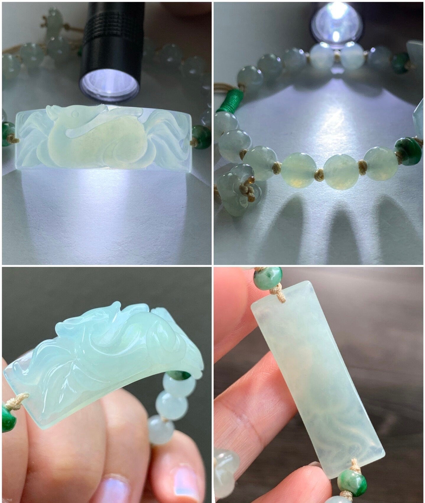 Stunning Natural Burmese Icy Translucent Gelatinous Light Green Jadeite Carved 9-Tailed Fox Beaded Bracelet 天然缅甸冰胶晴底翡翠九尾狐手牌手串